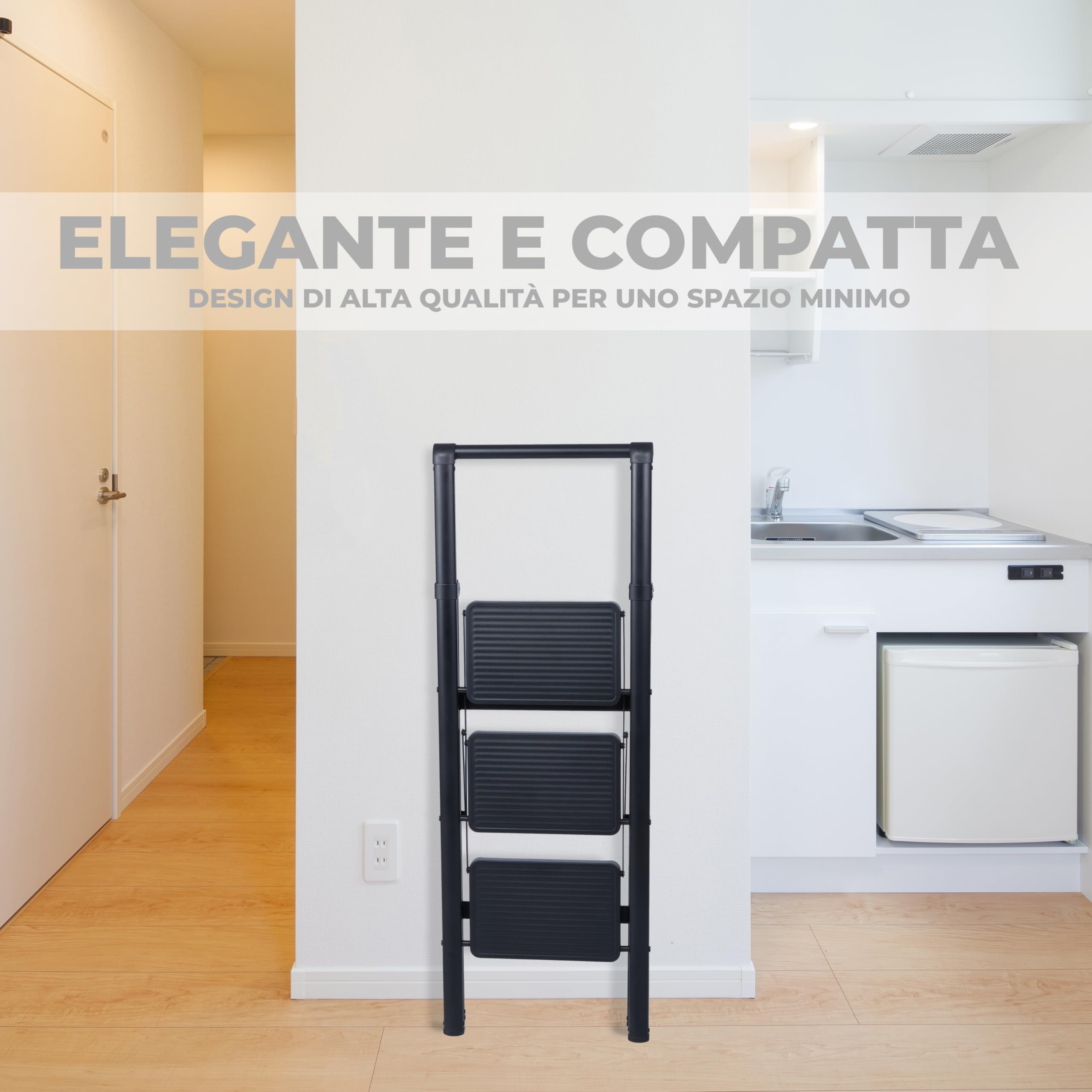 UZIRO Escabeau 3 Marches, Escabeau Pliable et Compact, Echelle Décorative avec Marche Pied Antiscivolo, Idéal pour Maison, Peinture et Décoratif, Durable, Facile à Ranger, Couleur Noir