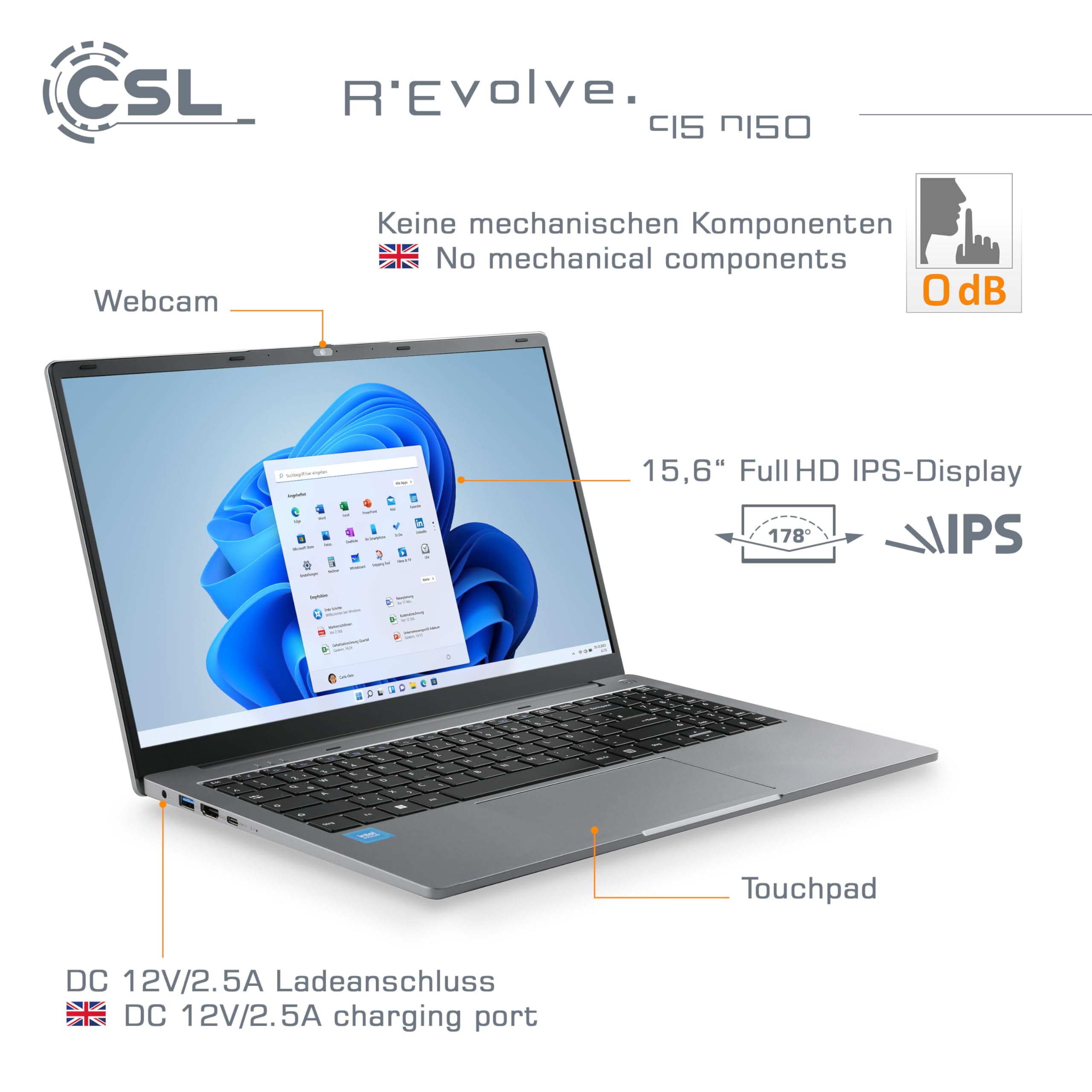 Notebook CSL R'Evolve C15 v4 Windows 11 Home - Ultra-Slim Laptop, 15,6 Zoll Display FHD 1920x1080 IPS, Intel N150 CPU 4x3600 MHz Turbotakt, 1000 GB M.2 SSD, 16 GB DDR4-RAM, USB 3.2, BT 5.1, AC WLAN