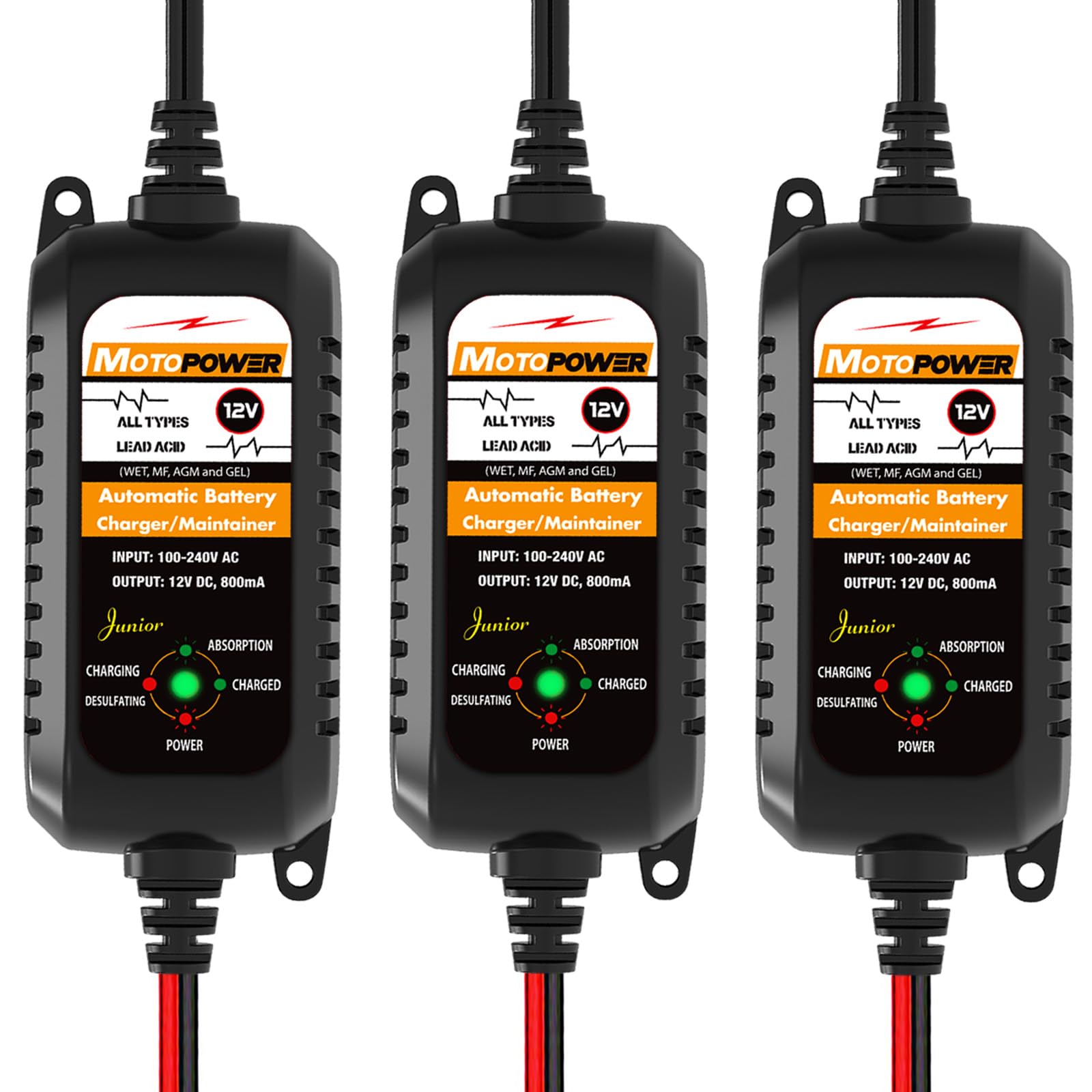 MOTOPOWER MP00205A Automatisches Batterieladegerät, 12 V, 800 mA, Batterieladegerät, Erhaltungsladegerät und Batterie-Entsulfator, 3 Stück