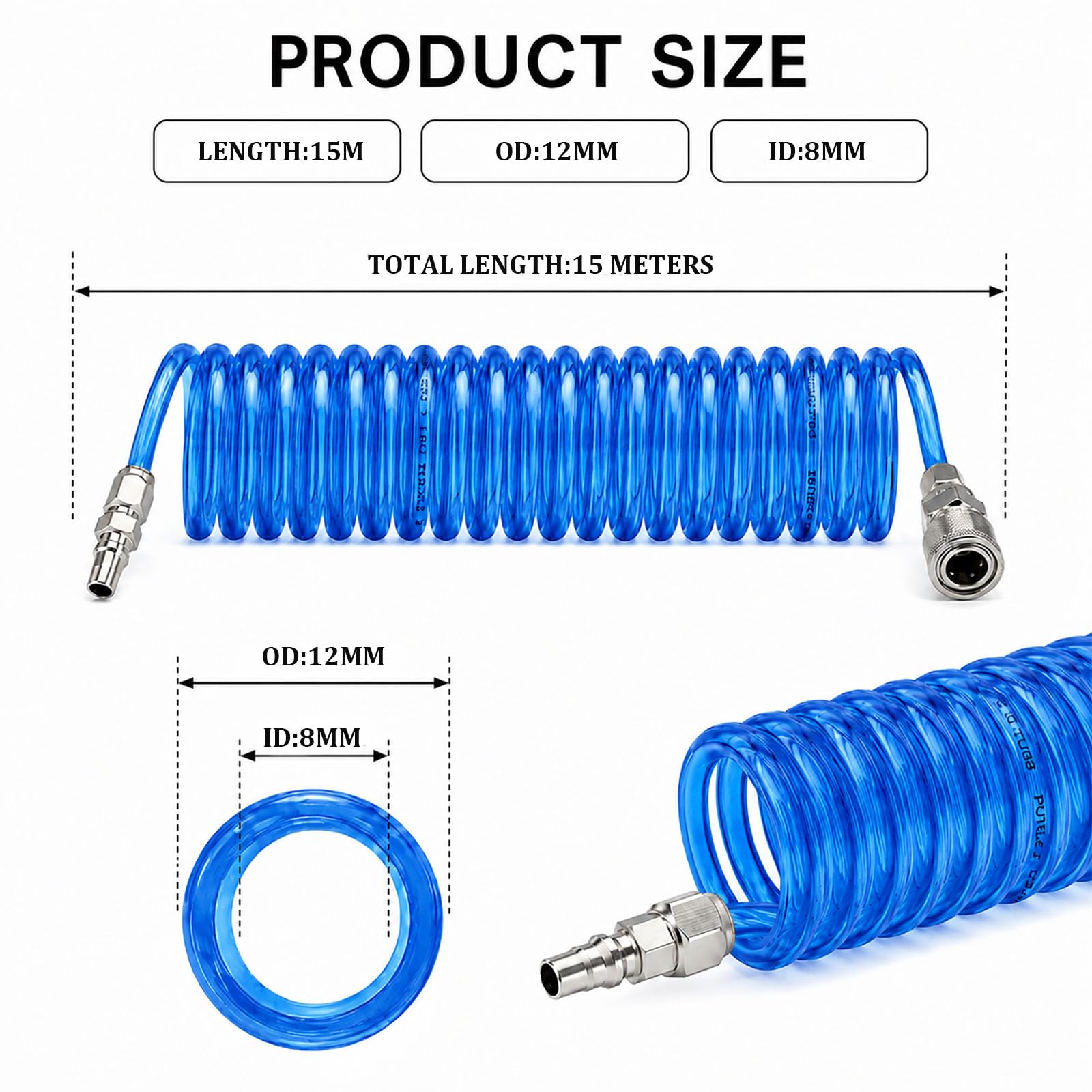 COYOUCO 3-15 Meter pneumatischer Schlauch Blau PU Spiralluftschlauch mit Anschlüssen 12 mm Außendurchmesser 8 mm Innendurchmesser,15m