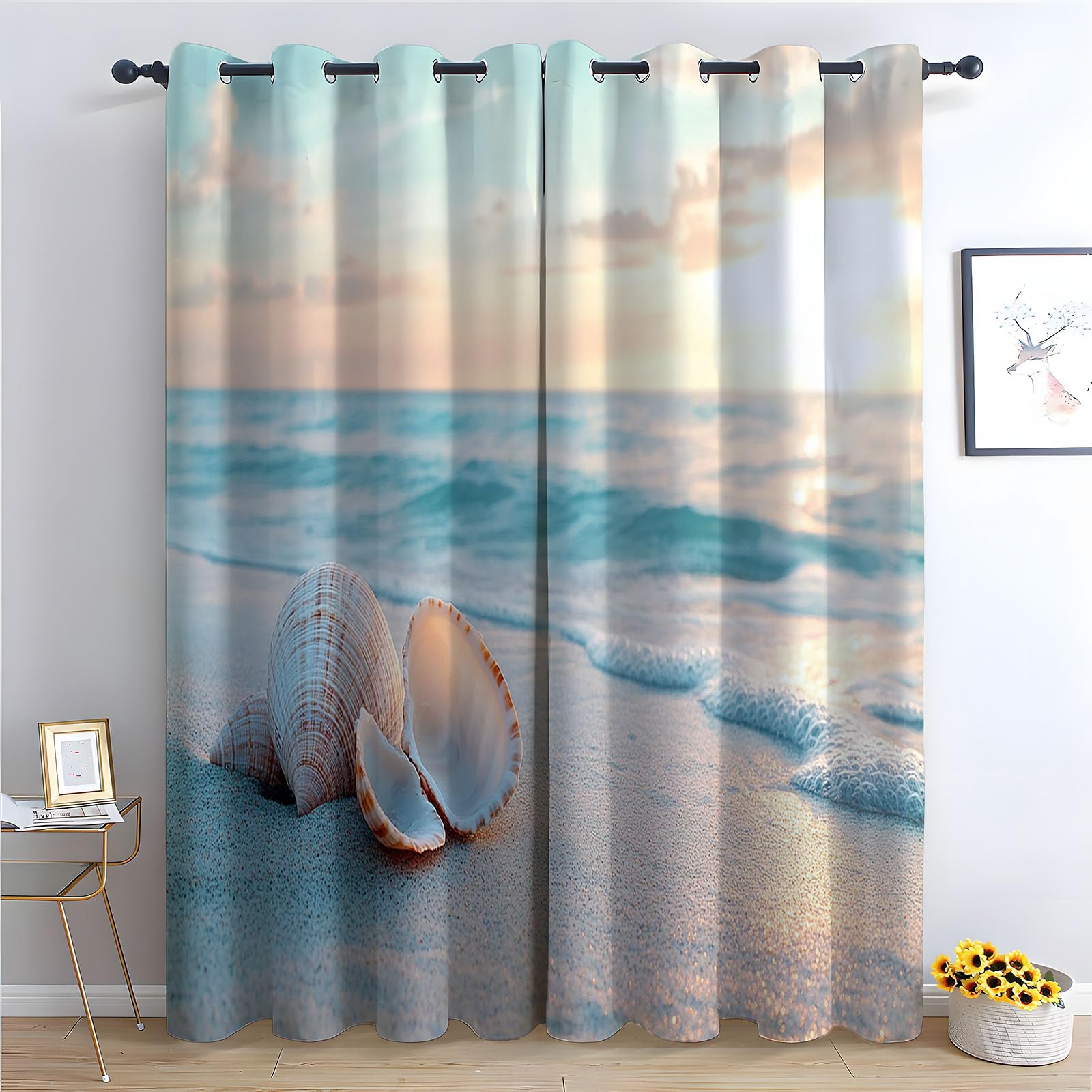 WIKEO Curtains for Living Room Beach Ocean Shells pattern Blackout Grommet Drapes Printed Pattern Floral Window Curtain Panels for Bedroom Aesthetic, 2 Panels Set-52 W x 96" L (Pack of 2)