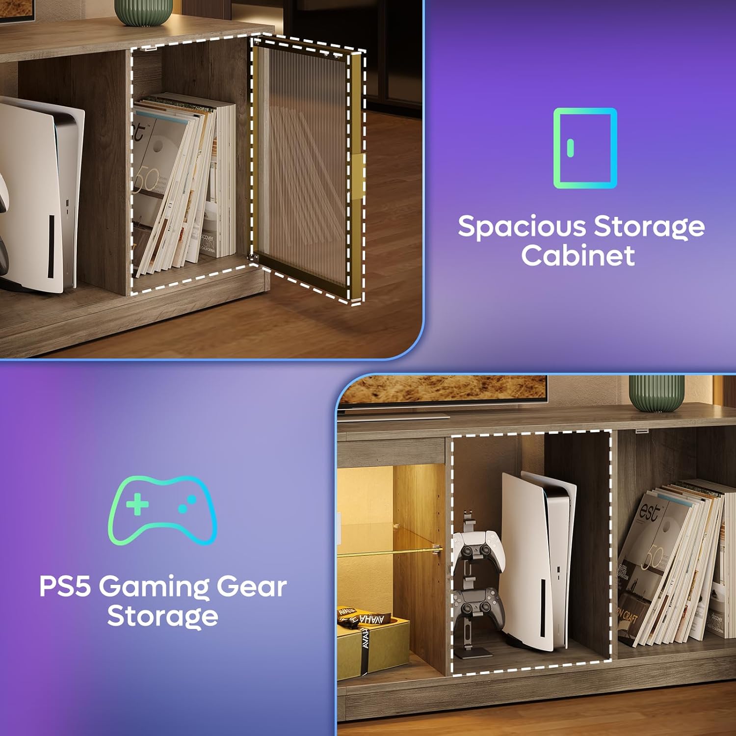 Bestier Washed Gray 70 Inch TV Stand for TVs Up to 80 Inch, RGB LED Entertainment Center with Adjustable Tempered Glass Shelves & Acrylic Translucent Doors, Modern Gaming Media Console for Living Room