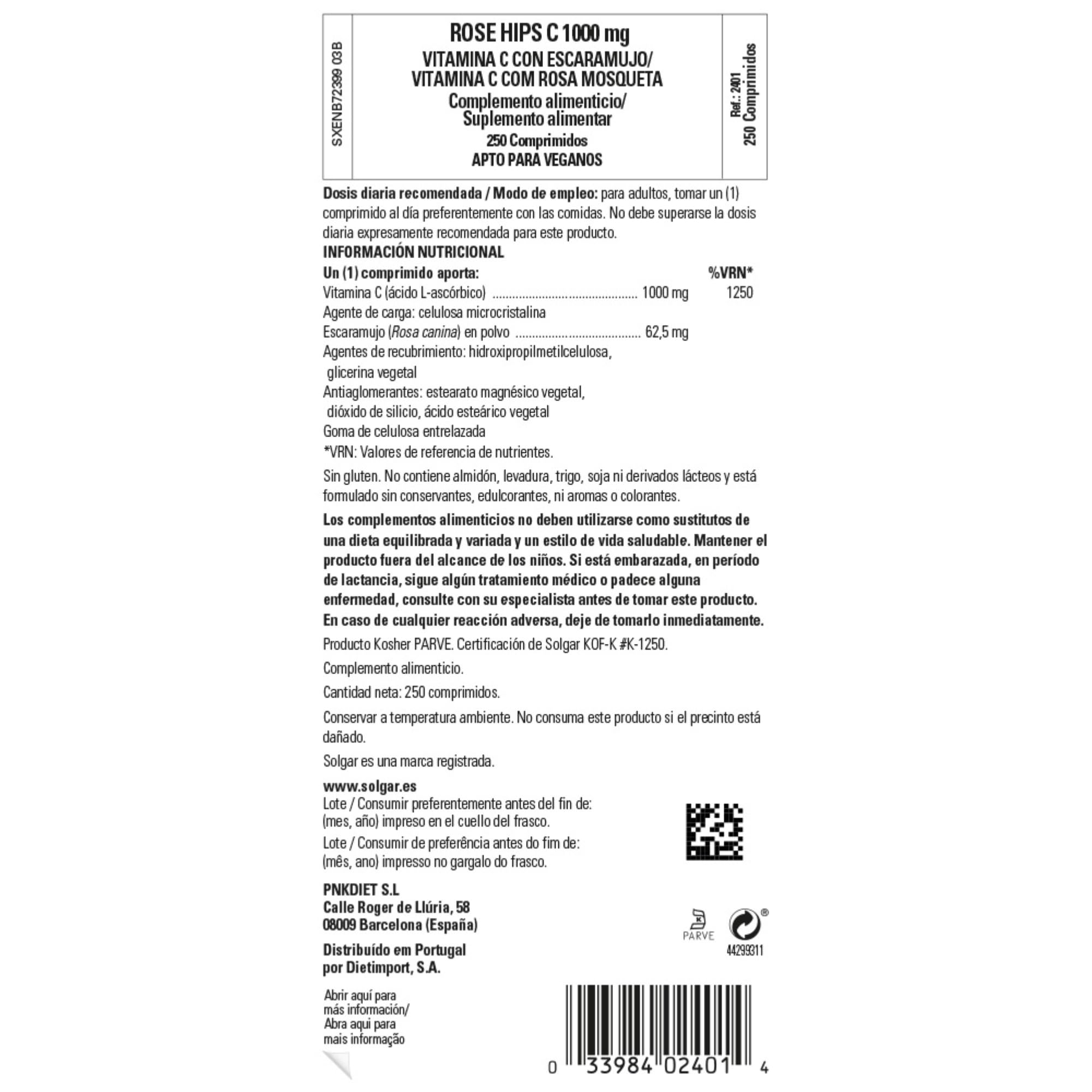 Solgar Vitamina C con escaramujo 1000 mg Comprimidos, Rose Hips - Envase de 250
