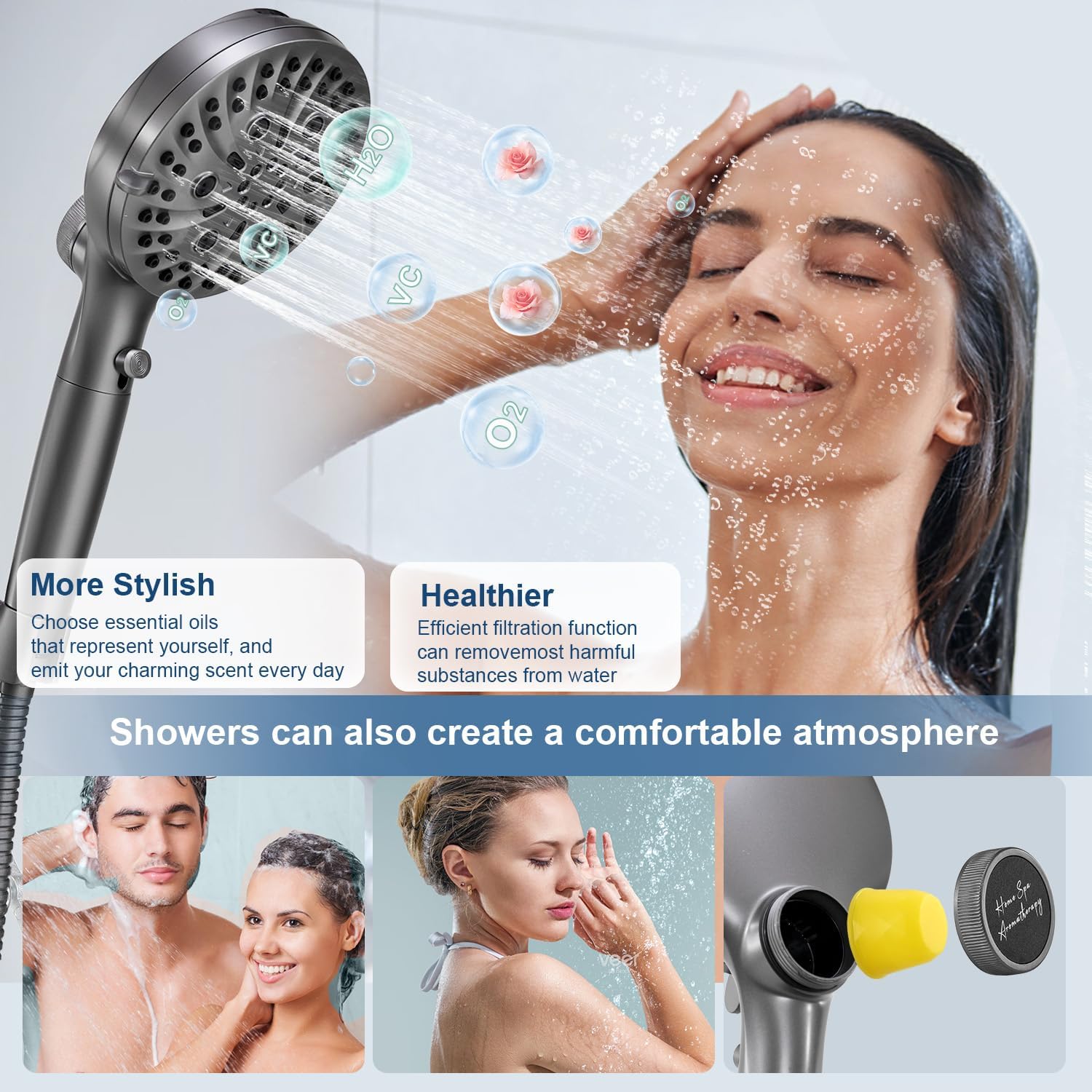 Filtered Shower Head with Handheld, High Pressure 10 Spray Mode Showerhead, Water Softener Filters Beads for Hard Water - Remove Impurity, with brackets and hoses, Gray
