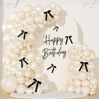 White Sand Balloon Arch Kit 141 Pcs Pearl White Balloons Garland Arch Kit Sand White Balloons and Black Bow for Coquette Birthday Wedding Baby Shower Bridal Shower Balloon Arch Decorations