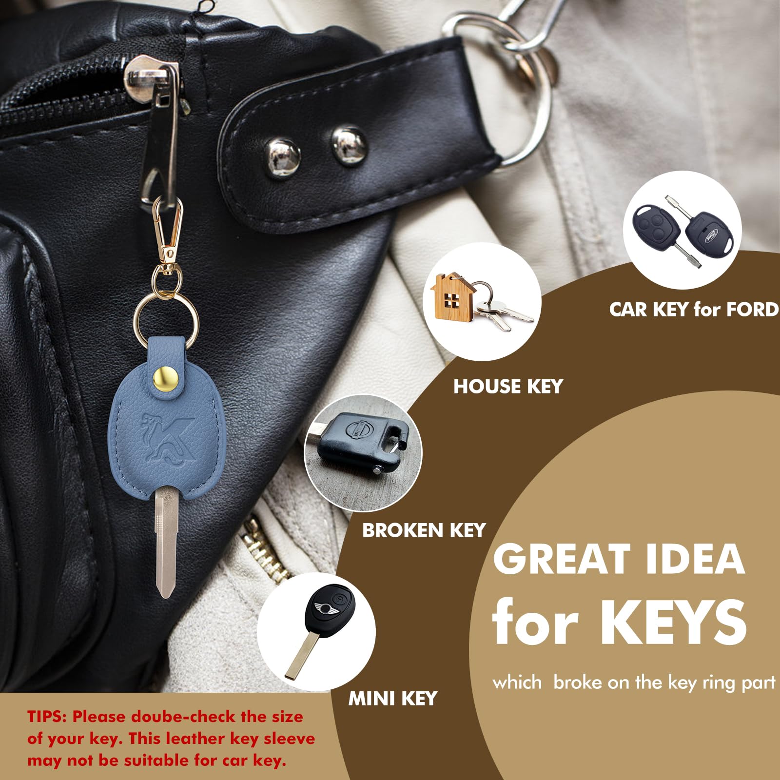 KARENSKEYS Car Key Cover, 2pcs Leather Key Sleeve, Broken Car Key Loop Replacement, Keychain for Women Men.