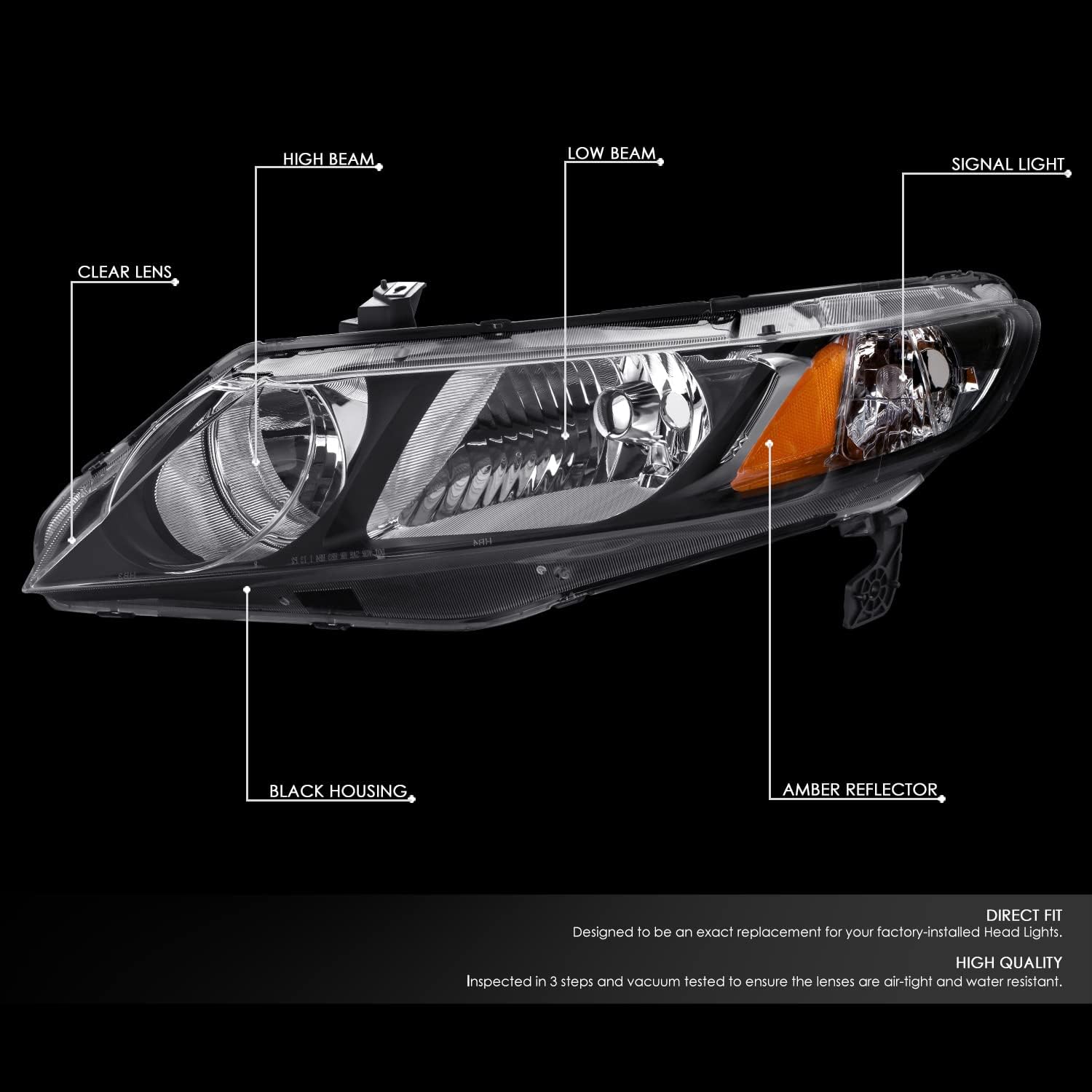 DNA MOTORING HL-OH-HC094D-BK-AM Pair of Black Housing Clear Lens Amber Reflector Headlights Compatible with 2006-2011 Civic Sedan