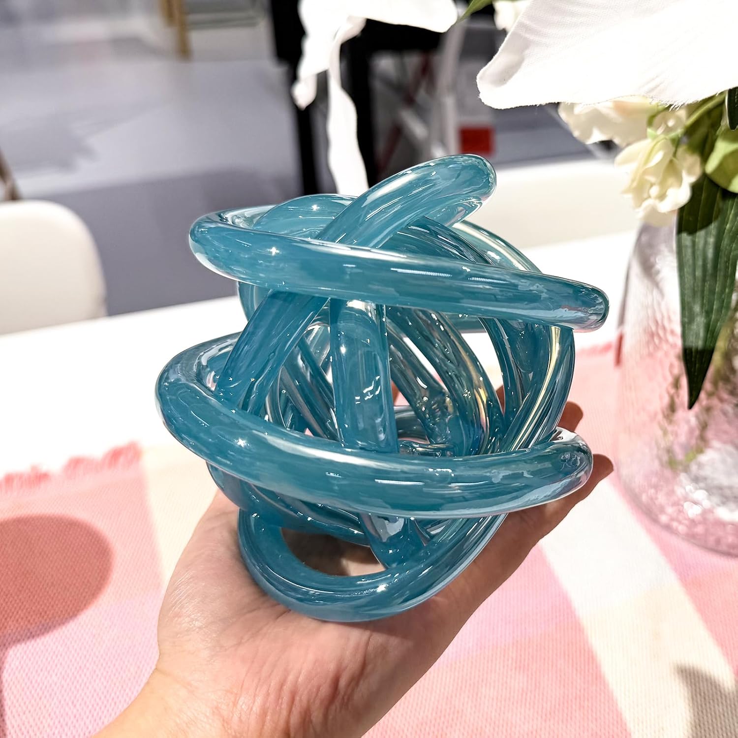 Glass Knot Teal Decor Ball - 5 Inch Hand Blown Infinity Sculpture Orbit Home Decor Table Decoration Interio Art