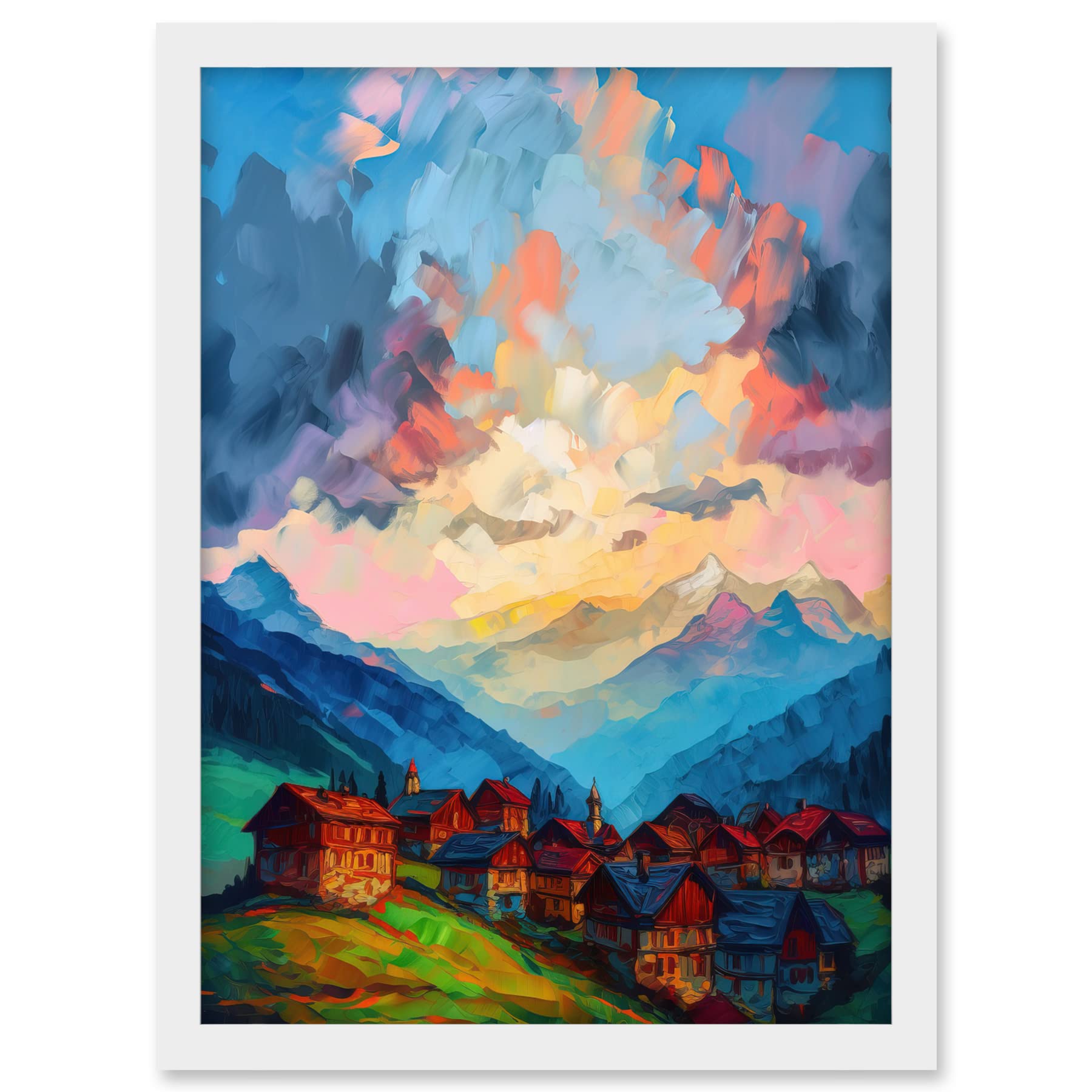 Artery8 Atmospheric Clouds at Dawn Over Small Village Houses in the Alps Modern Watercolour Painting Artwork Framed A3 Wall Art Print
