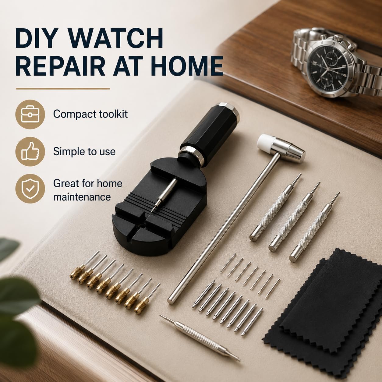 Watch Band Link Removal Kit, 40 Piece Professional Repair Tool Set with Double Head Hammer, Spring Bars, Cotter Pins and Pliers
