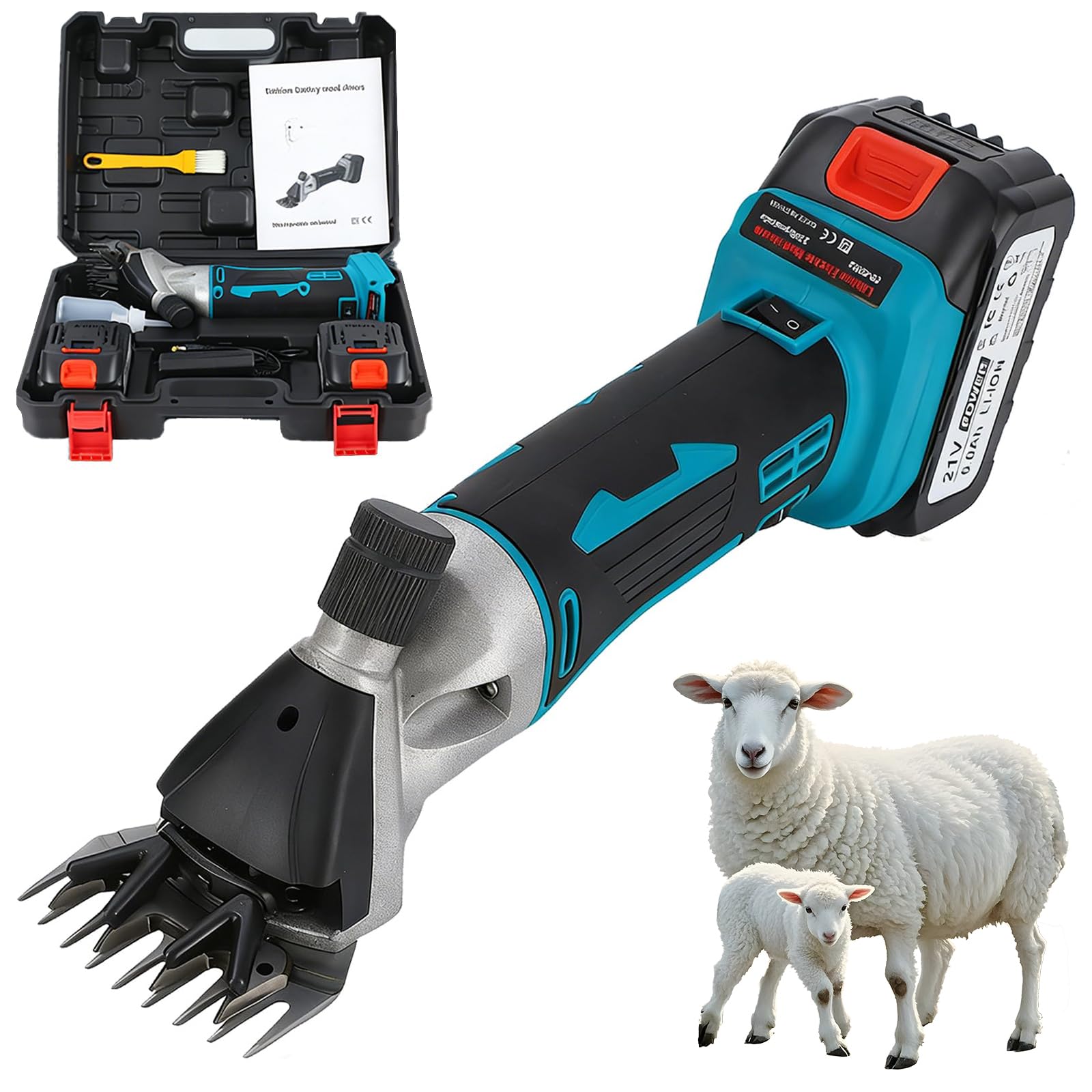 Esquiladora De Ovejas Inalámbrica, Máquina Eléctrica Con 2 Baterías 6000 mAh, 6 Velocidades, Cuchillas 9/13 Dientes, Cortadora De Lana Para Ovejas, Cabras Y Alpaca 13-teeth