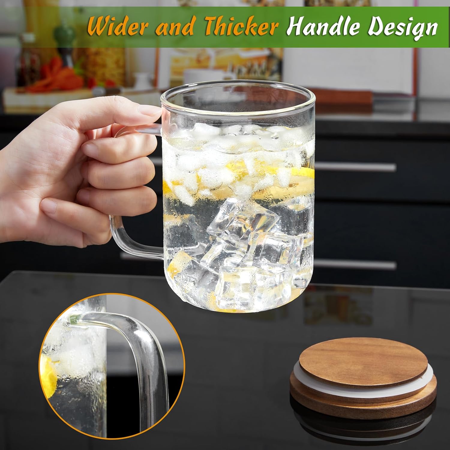 DRASTAR Glass Coffee Cups, 20 oz Large Coffee Mugs, Flat Bottomed Cups with Acacia Wood Lid, Glass Tea Cup with Handle, ClearTea Cup Set of 2 - Image 6