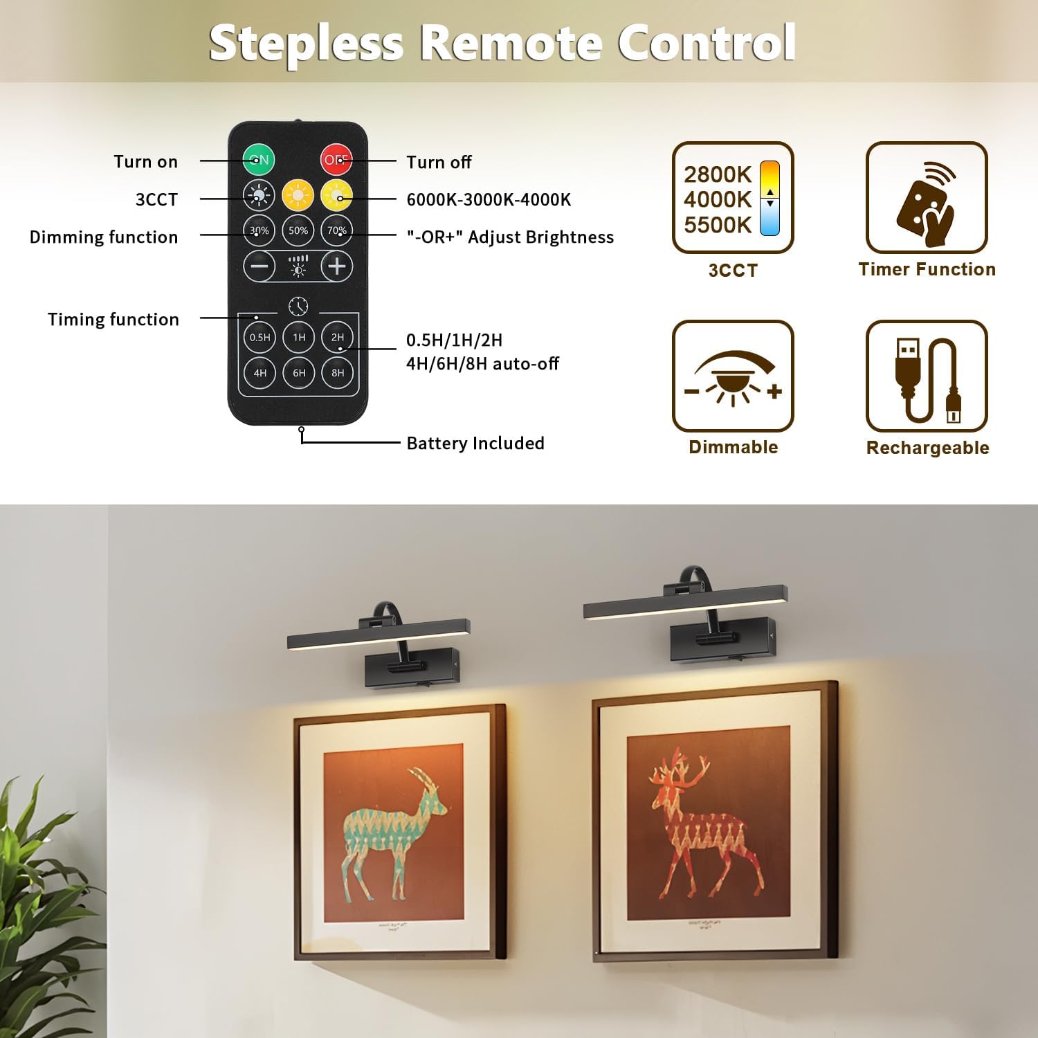 DESOOP Picture Lights for Wall Battery Operated, Wireless Black Art Lighting for Paintings Rechargeable Gallery Lights with Remote and Timer 3CCT Dimmable Painting Lights for Portrait 11.42 Inch 2W