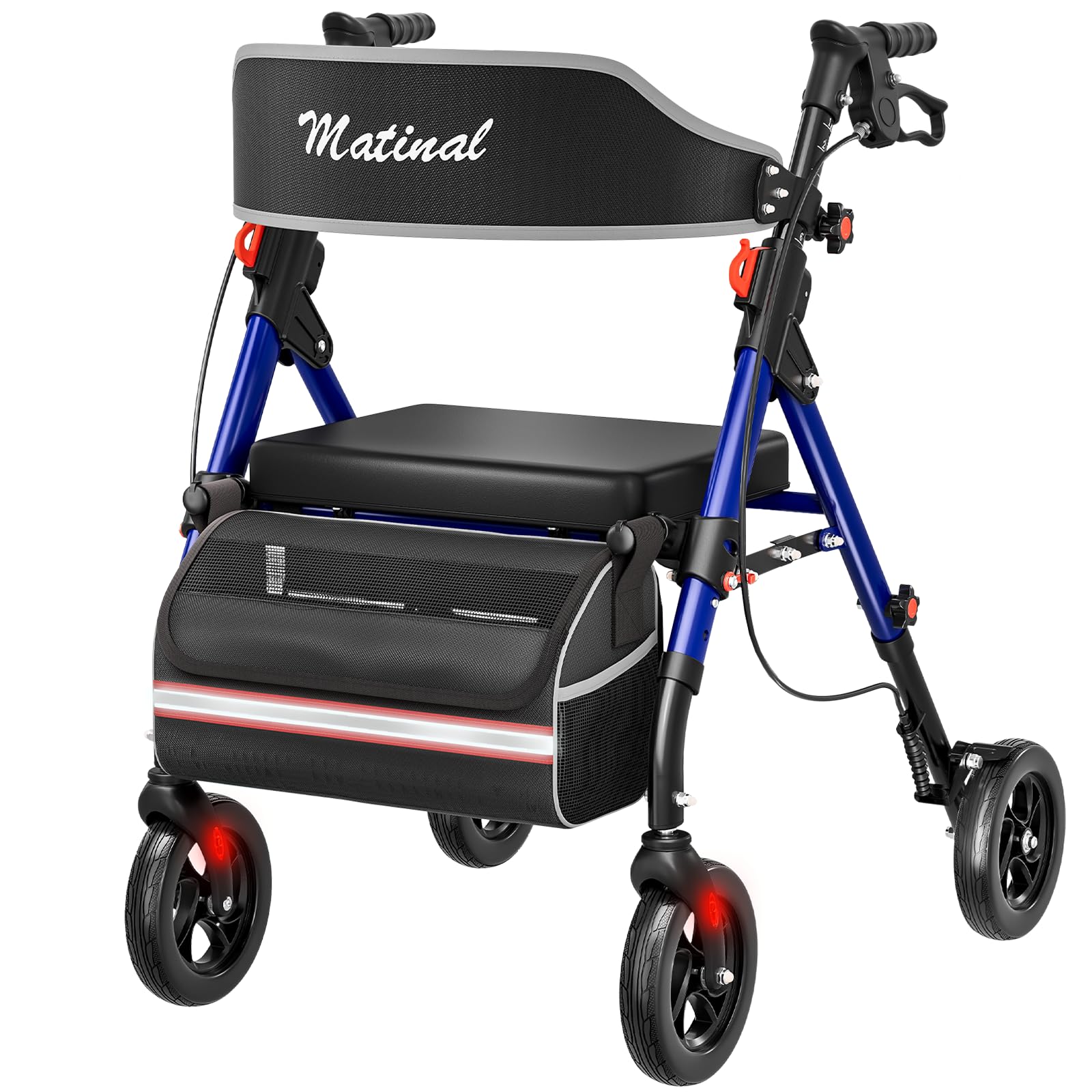 Andador plegable y ligero con asiento, andador para personas mayores de hasta 160 kg, con ruedas de 8 pulgadas y dirección de 360°, altura regulable en 6 posiciones, adecuado para uso diario