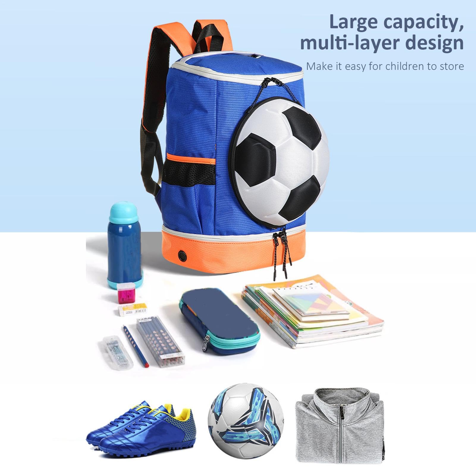 Zaino per palloni da calcio, zaino da calcio, grande capacità, con scomparto per palline e scarpe, zaino sportivo