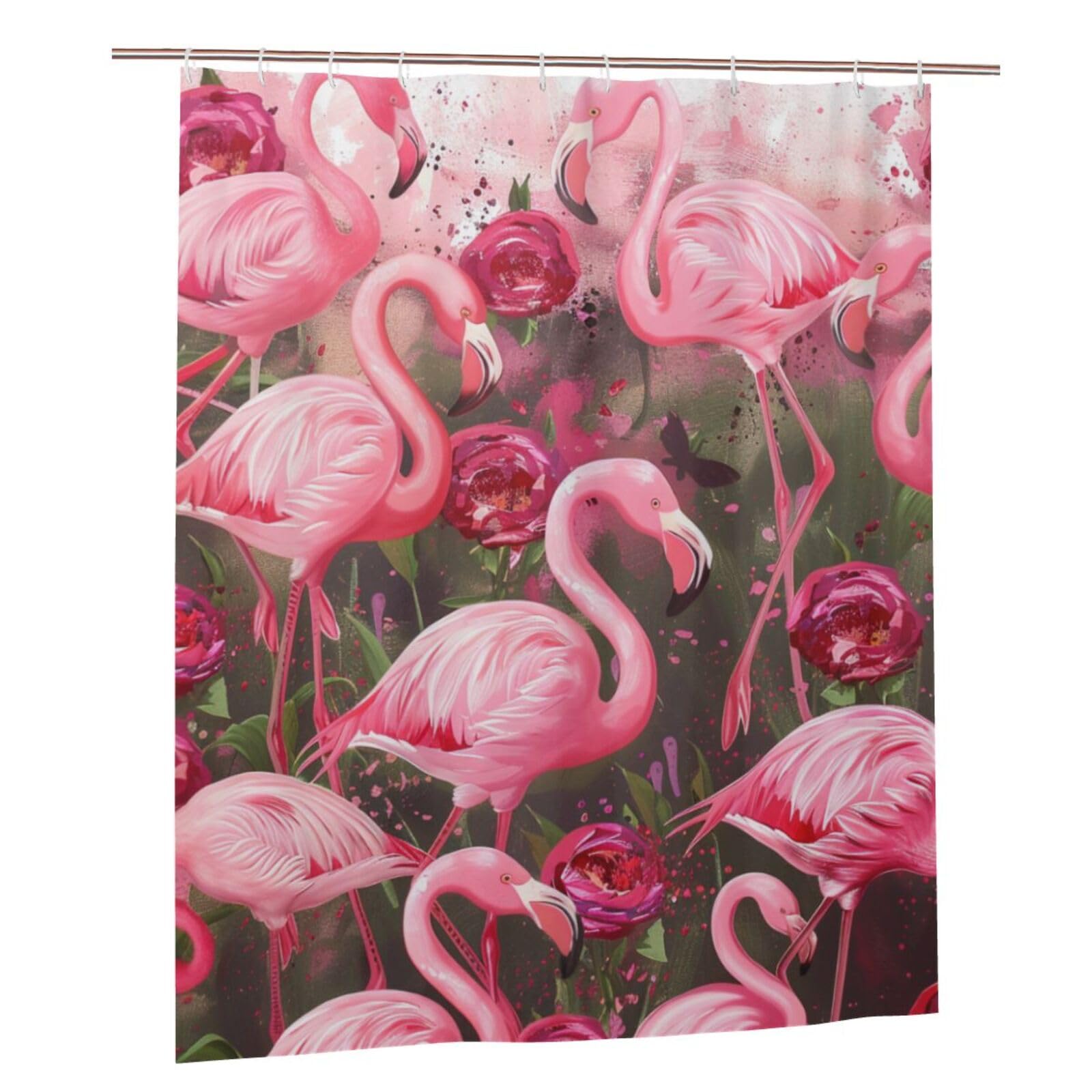 BWWHCCTI Flamingos Printed Shower Curtain With 12 Plastic Hooks Opaque Quick Drying Waterproof Shower Curtains Sets For Bathroom 152x183 Cm