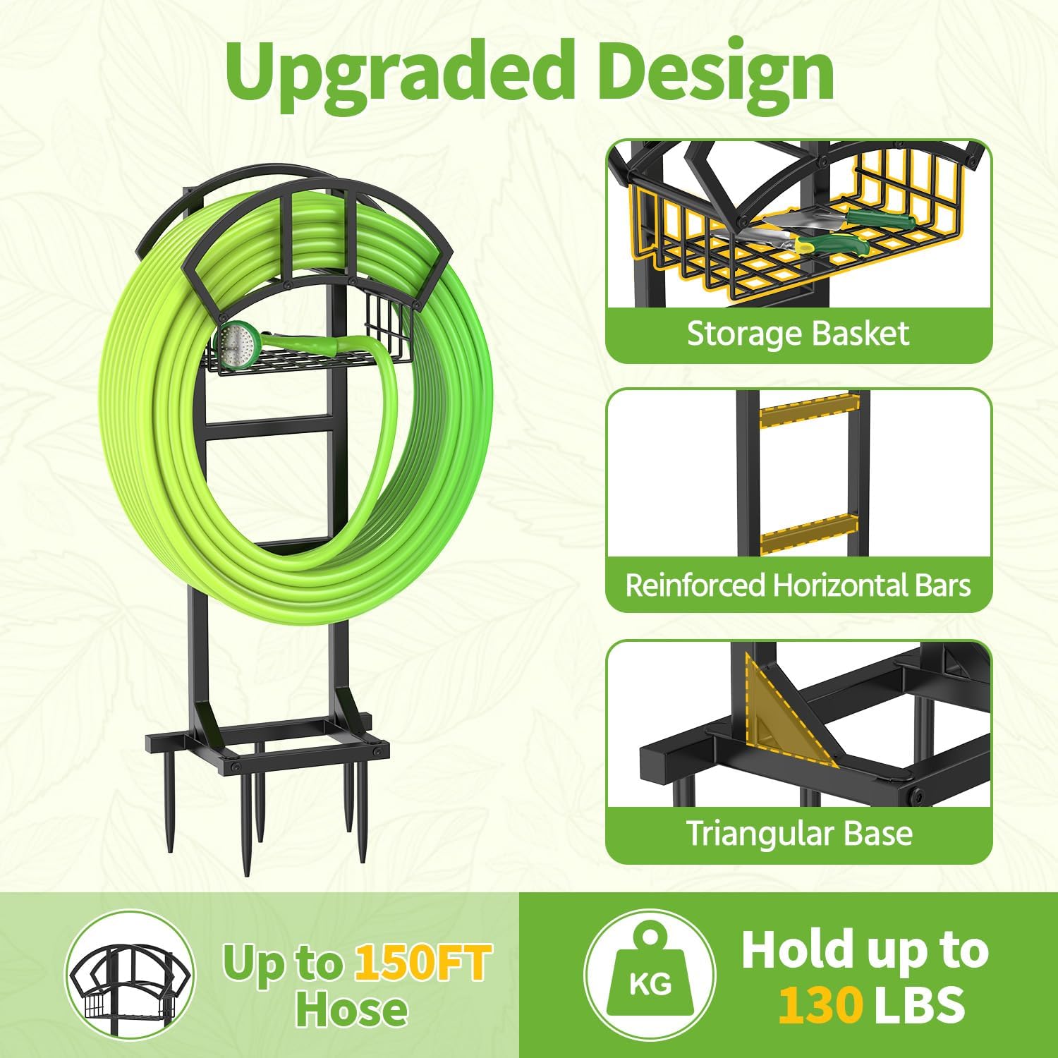 LASZOLA Garden Water Hose Holder Hanger for Outside, Freestanding Garden Hose Reel Rack Outdoor with Storage Basket, Heavy Duty Metal Water Pipe Stand 5 Spikes for Patio Yard Lawn, Holds 151ft, Black