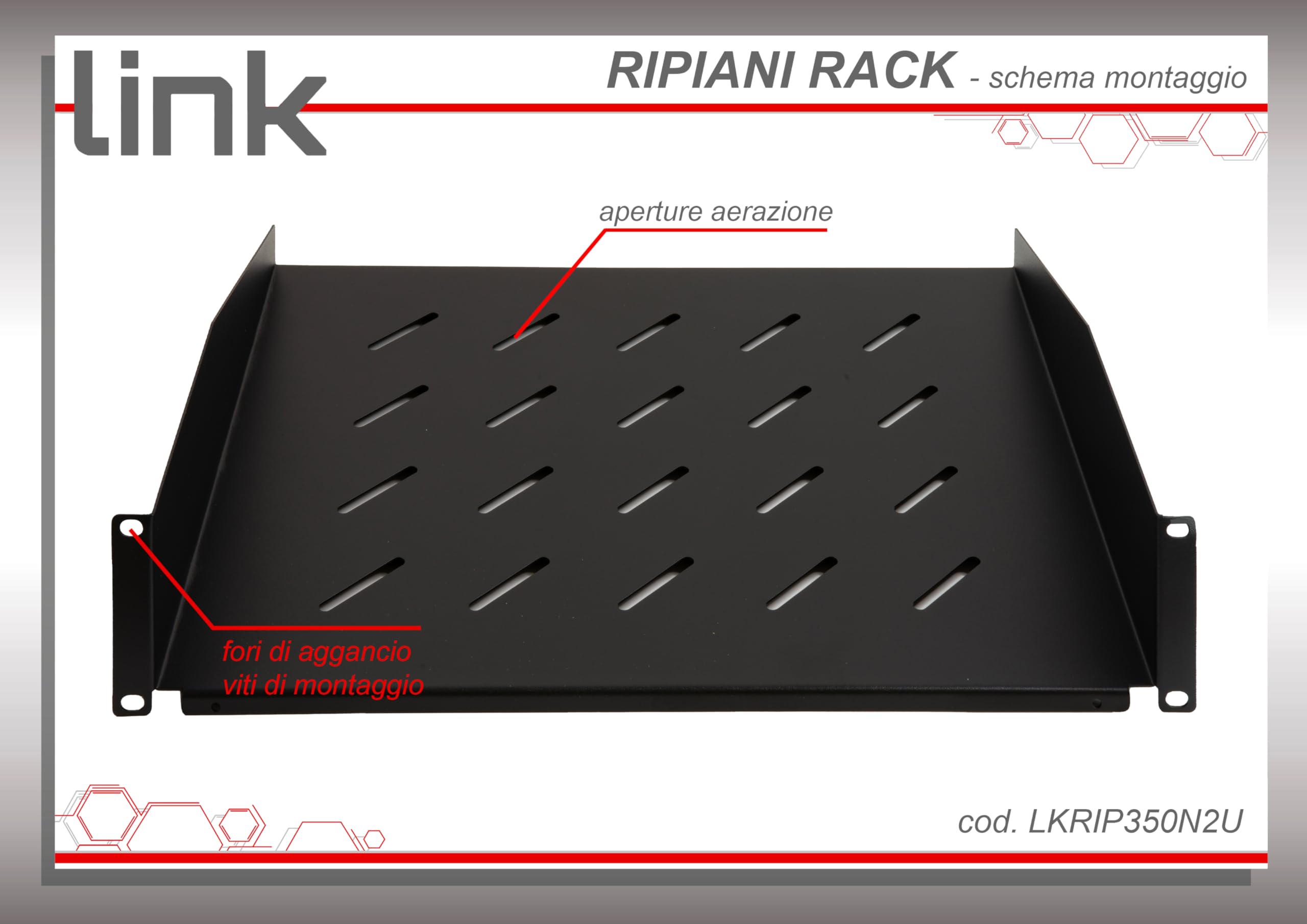 LINK LKRIP350N2U Ripiano per Armadio 19" 2U Profondità 350 mm, Nero
