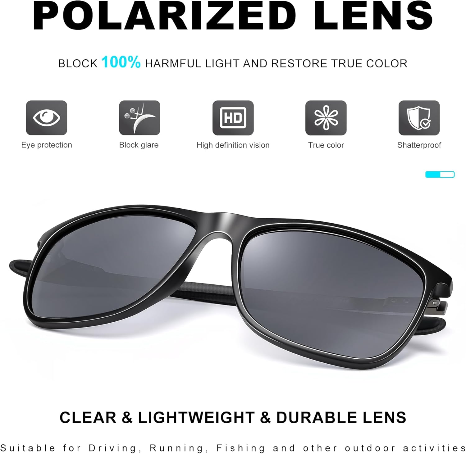 URUMQI Polarized Square Sunglasses for Men Women, UV400 Sunglasses Ultralight Carbon Fiber Temple for Driving Fishing Golf