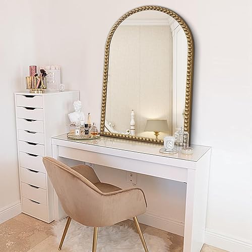 Miniatura 7 de Espejo de pared de arco con marco de cuentas, espejo de baño dorado de 24 x 36 pulgadas, espejo decorativo adornado para sala de estar, baño,