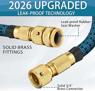 100ft Expandable Garden Hose Pipe, Flexible Water Hose w/10 Function Spray Gun & 2-in-1 Valve Quick Fittings, Lightweight, Durable, Kink-Free, Heavy Duty Expanding Hosepipes for Garden(Blue Black)