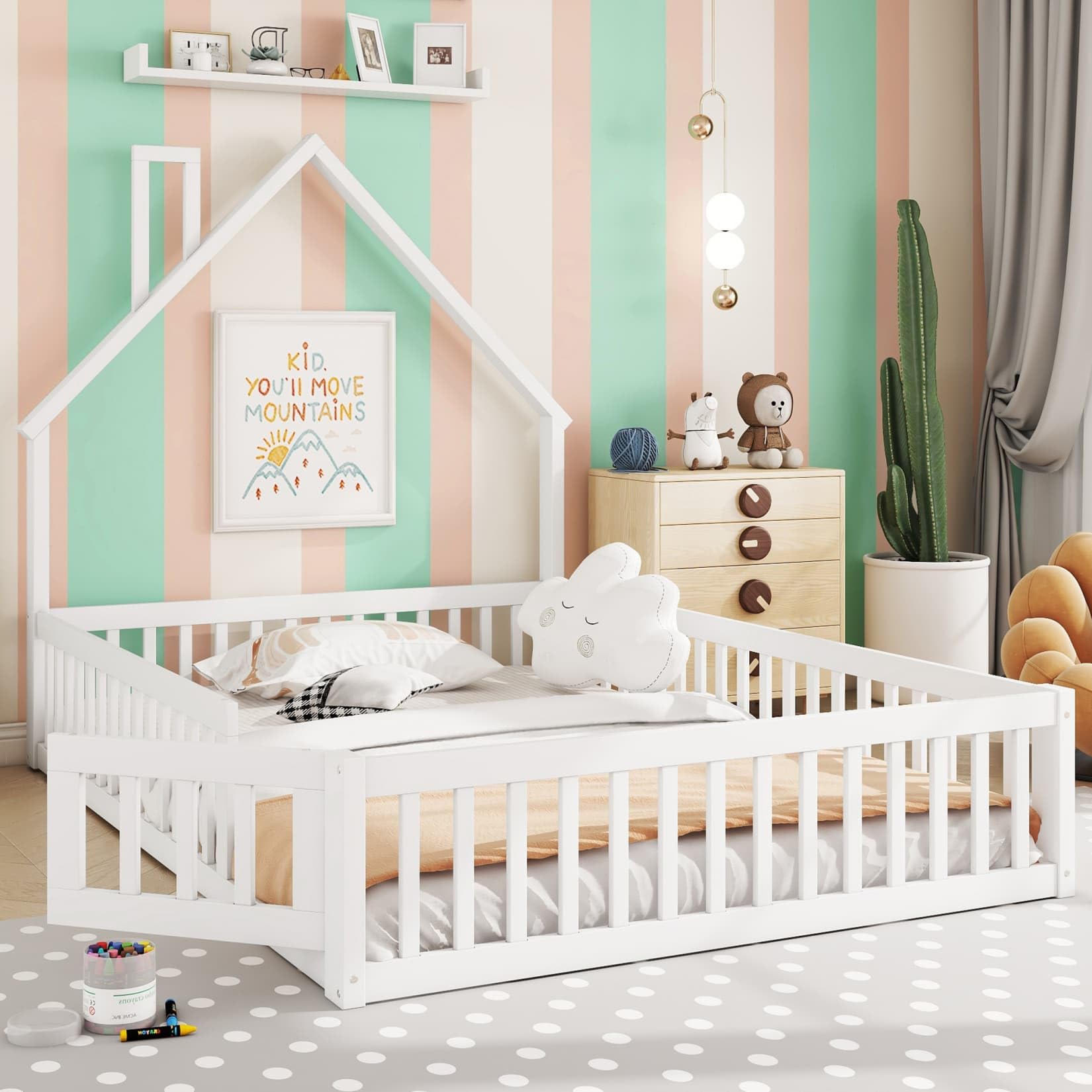 Lit Au Sol Enfant,Lit Cabane Enfant 140x200 avec Sommier à Lattes Solide,Porte,Barrière de lit,pour Enfants,Pin (Blanc, 140x200)