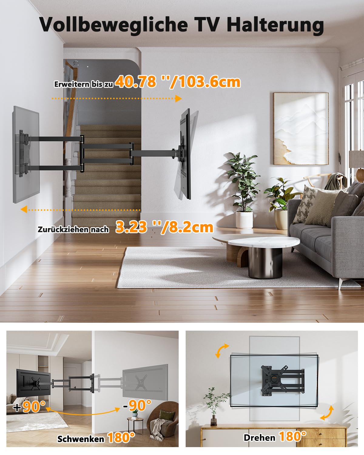 TV Wandhalterung mit 1036mm Langem Arm WHYFONE 180° Drehung Fernseher Wandhalterung Schwenkbar Ecke TV Halterung für 13-43 Zoll Flach & Curved Fernseher oder Monitor bis 25kg, max. VESA 200x200mm