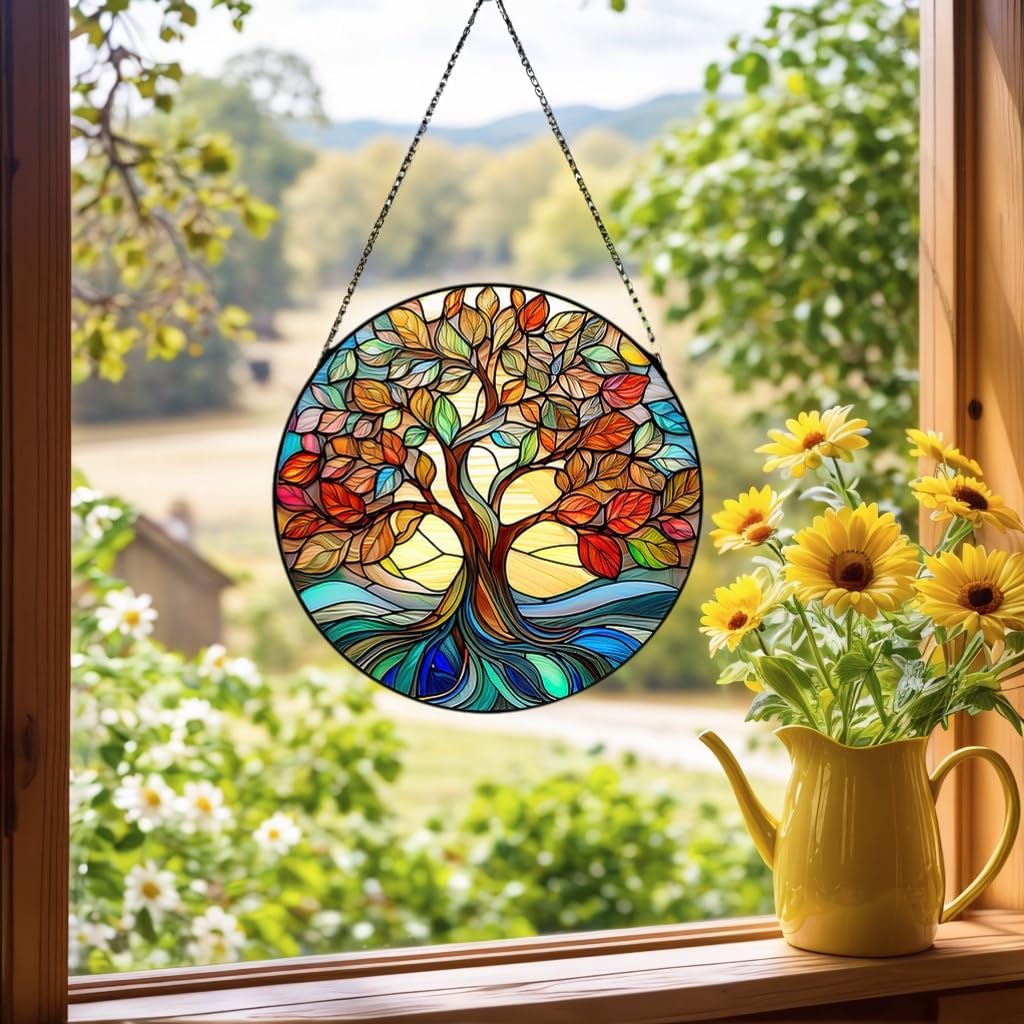 Stained Glass Window Hanging Vibrant Tree of Life Sun Catchers Glass Panel Perfect Blue Suncatcher Decor Gift for Birthday, Women, Men, Wife, Aunt & Mom - Image 3