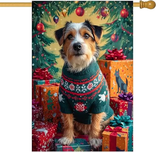 BlissYard Christmas Flag Cute Dog in SweaterHouse Flag 28 x 