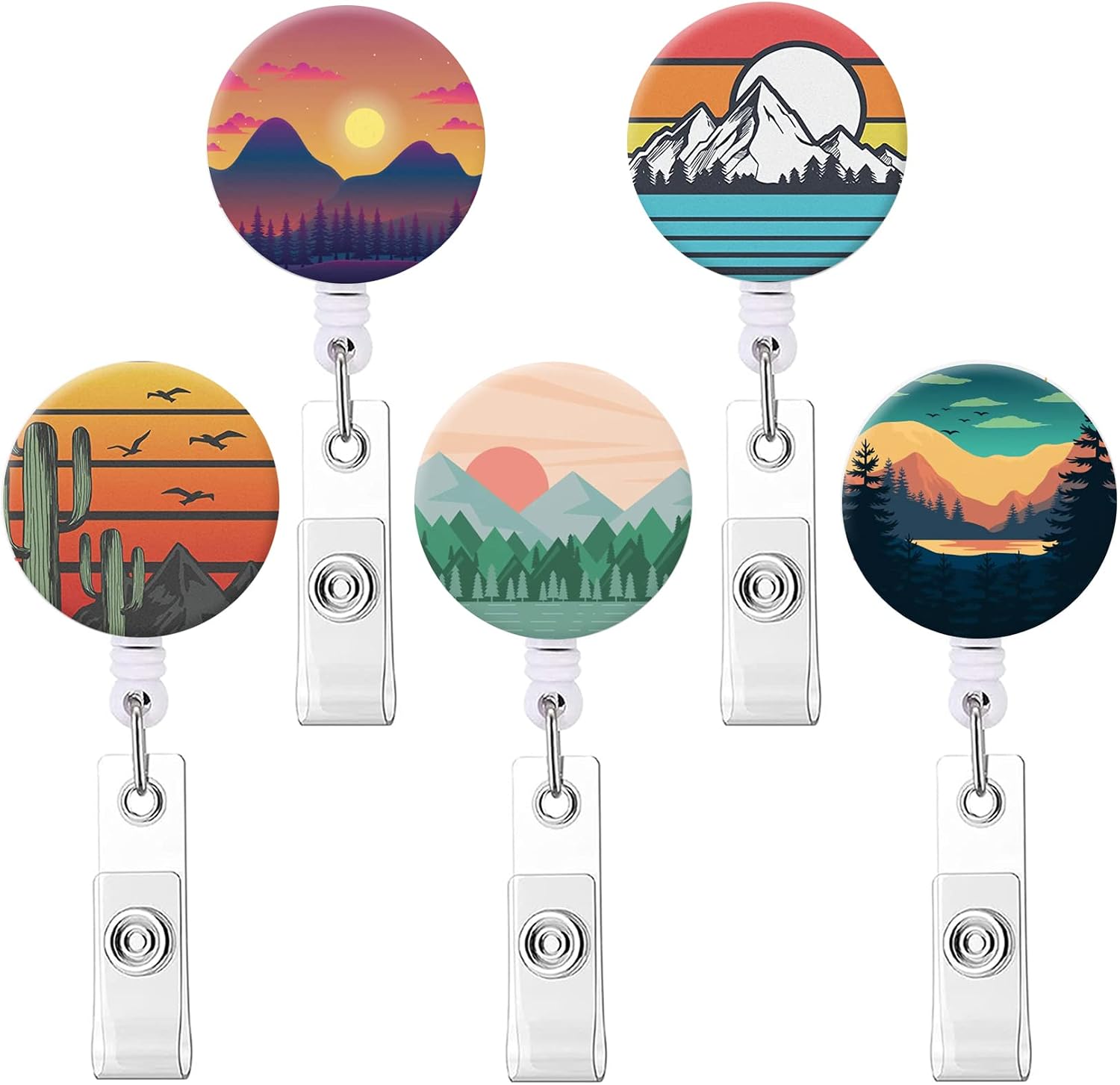 Badge Reel Retractable Nurse Badge Holder Cute Name Decorative Badge Reels with Clip on ID Card Holders (5 Pack Mountain Sky Sun)