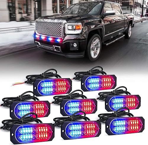 Miniatura 1 de Xprite Kit de luces estroboscópicas de emergencia de 20 luces LED de montaje empotrado en superficie roja y azul, para salpicadero, parrilla,
