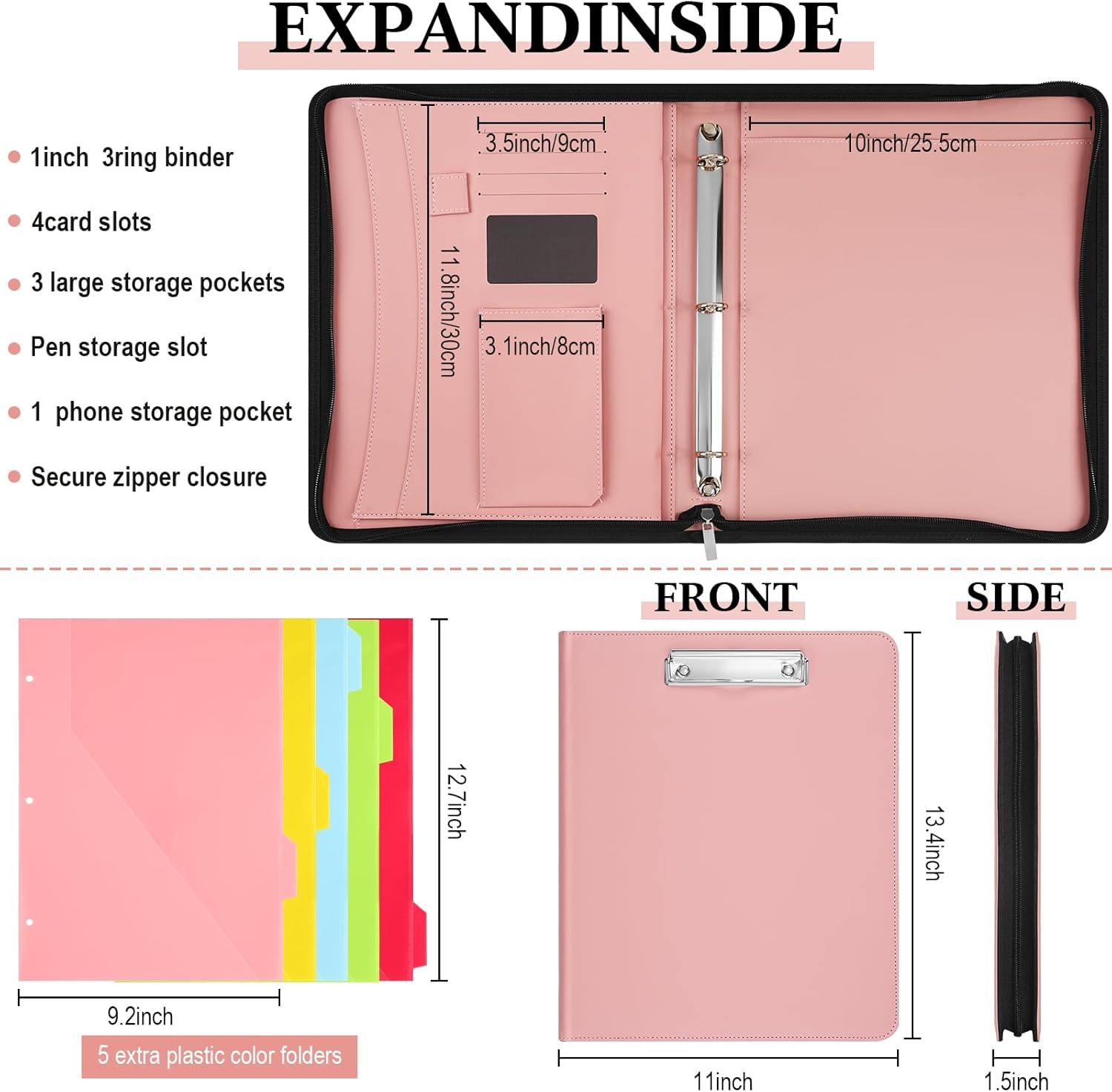 Gilprop Portfolio Binder Padfolio for Women Men Organizer with Zipper Leather Portfolio with 3 Ring Binder and 5 Folder Divider Pages for Tablet, Resume, Documents, Business Cards