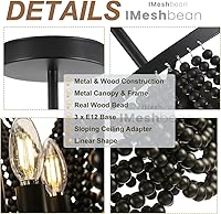 Vista 5 de Lámpara de techo bohemia negra con cuentas de madera de 12.6 pulgadas, montaje empotrado y semiempotrado para comedor, dormitorio, pasillo