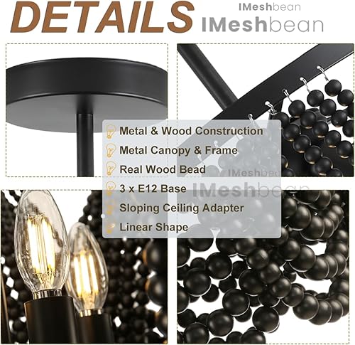 Miniatura 5 de Lámpara de techo bohemia negra con cuentas de madera de 12.6 pulgadas, montaje empotrado y semiempotrado para comedor, dormitorio, pasillo