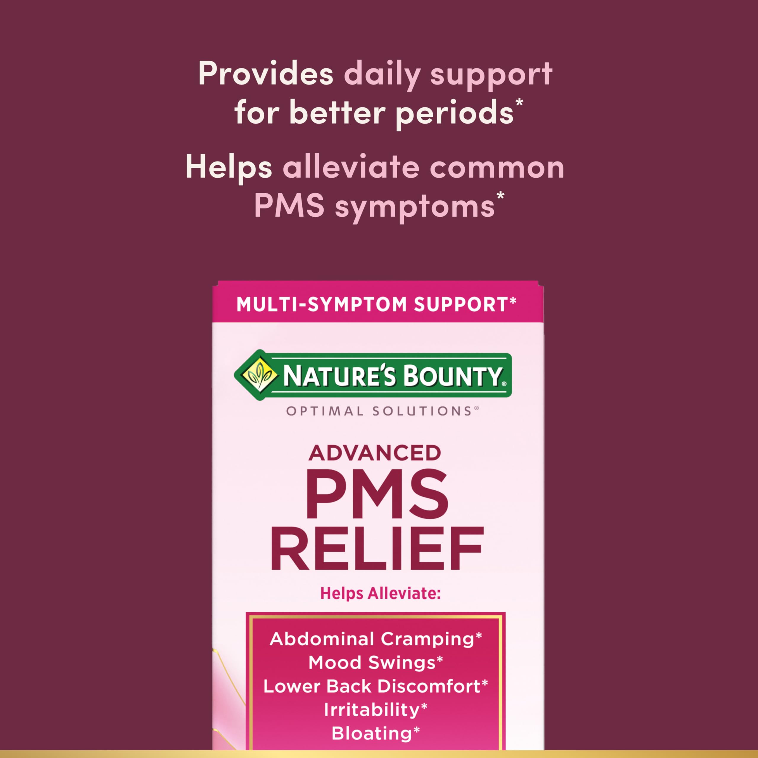 Nature's Bounty Optimal Solutions Advanced PMS Relief for Menstrual Cycle Support; Period Relief; PMS Support Supplement for Women – Chasteberry; Hormone-Free; 60 Capsules