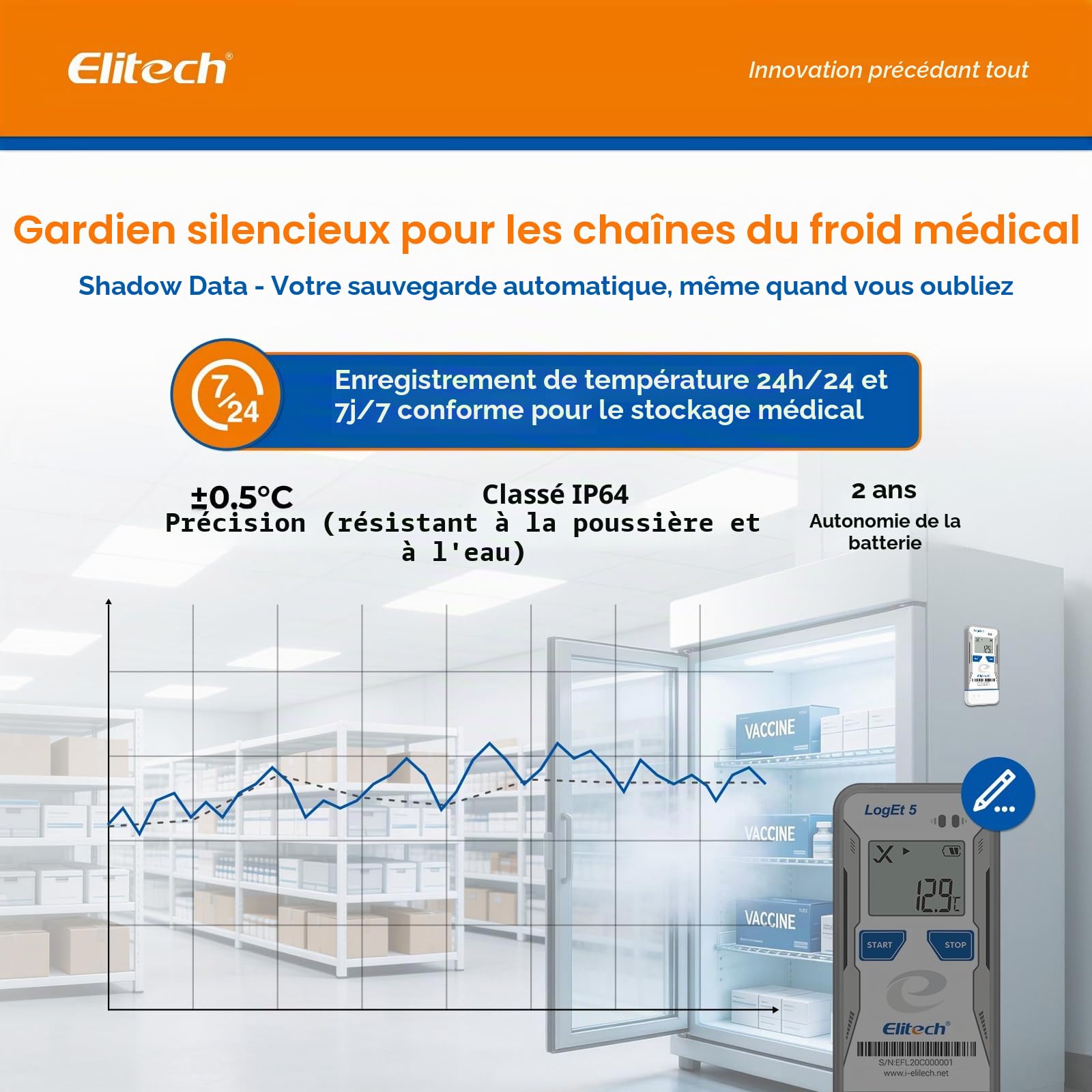 Elitech Enregistreur de Température et d'Humidité USB Bluetooth, Réutilisable avec Données pré-enregistrement, Rapports PDF CSV Automatiques, Thermomètre de Réfrigérateur 32 000 Points LogEt5BTH