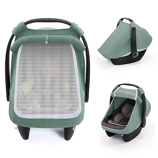Blissful Diary Baby Car Seat Cover, Extra Large Mesh Window, Breathable Muslin Cotton, Infant Windproof Canopy, Must-Have Baby Gift - Roman Green