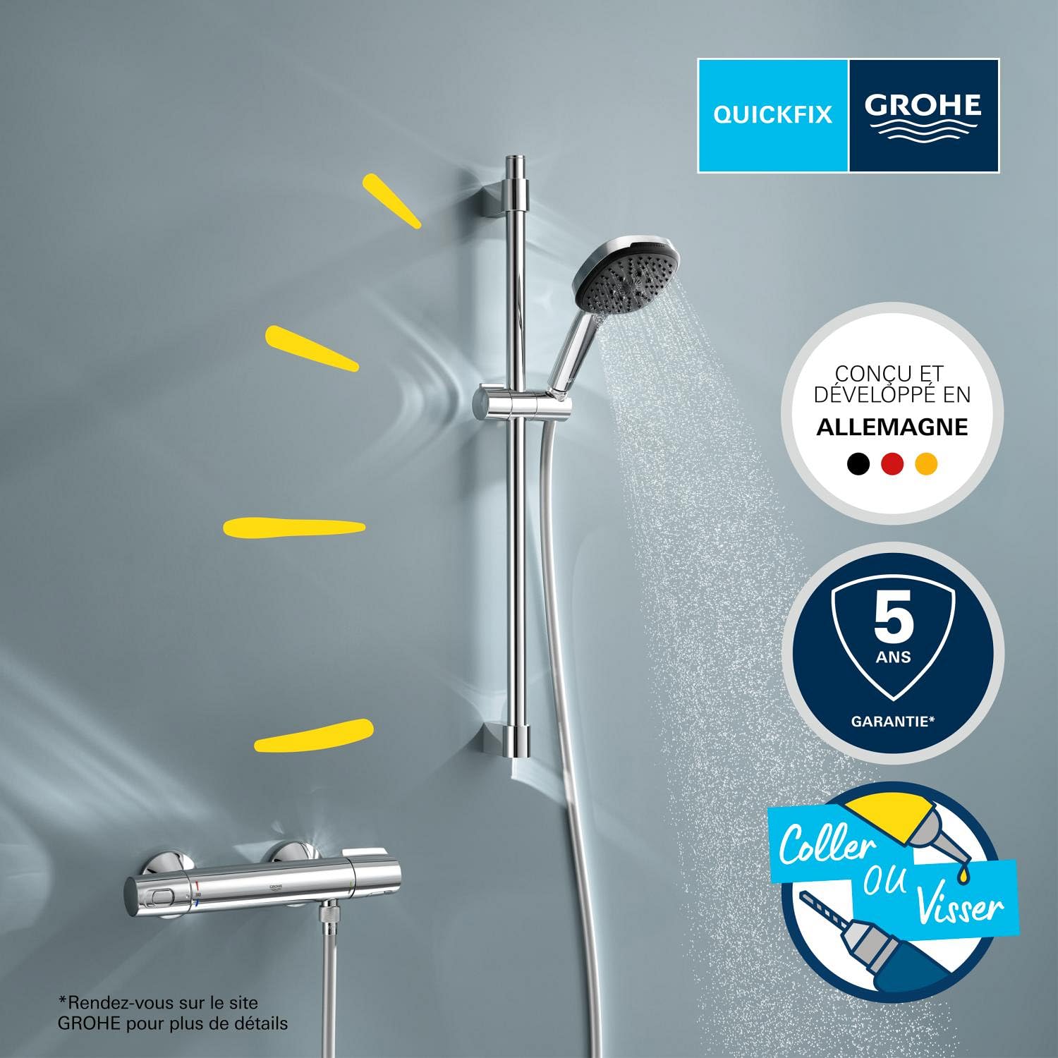 GROHE Precision Trend 34237003 zestaw prysznicowy z termostatem, oszczędzający wodę – 8 l na min (3 rodzaje strumienia, CoolTouch – bez oparzeń na termostatze, drążek prysznicowy 60 cm, w zestawie