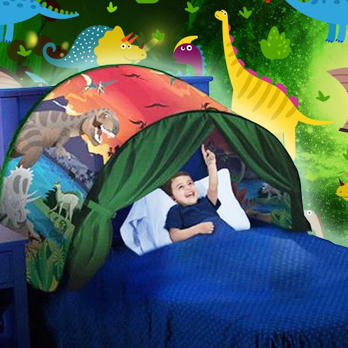 easy3uy Dinosaur Bed Tents for Kids, Pop Up Bed Tent for Boys, Foldable