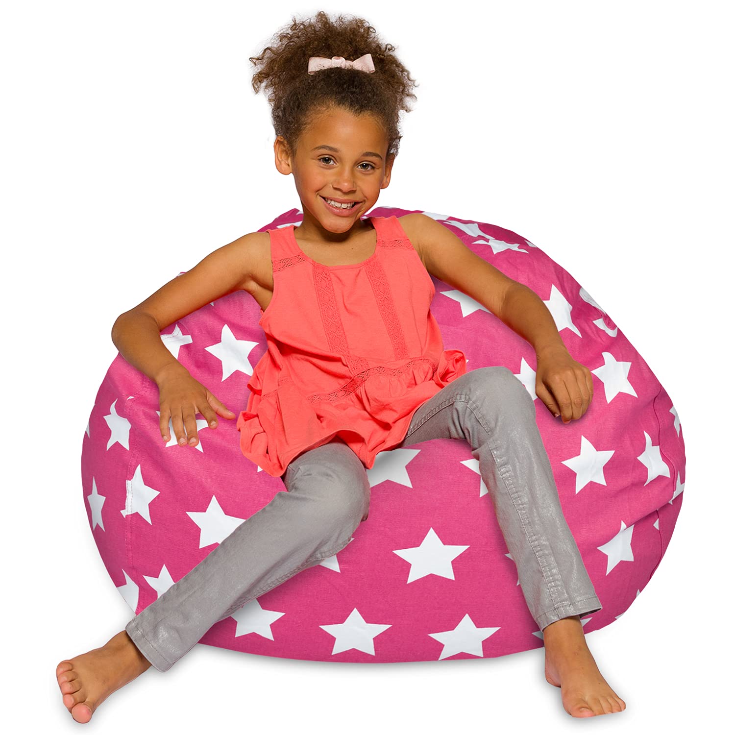 Posh Creations Bean Bag Chair for Kids, Teens, and Adults Includes Removable and Machine Washable Cover, 38in - Large, Canvas White Stars on Pink