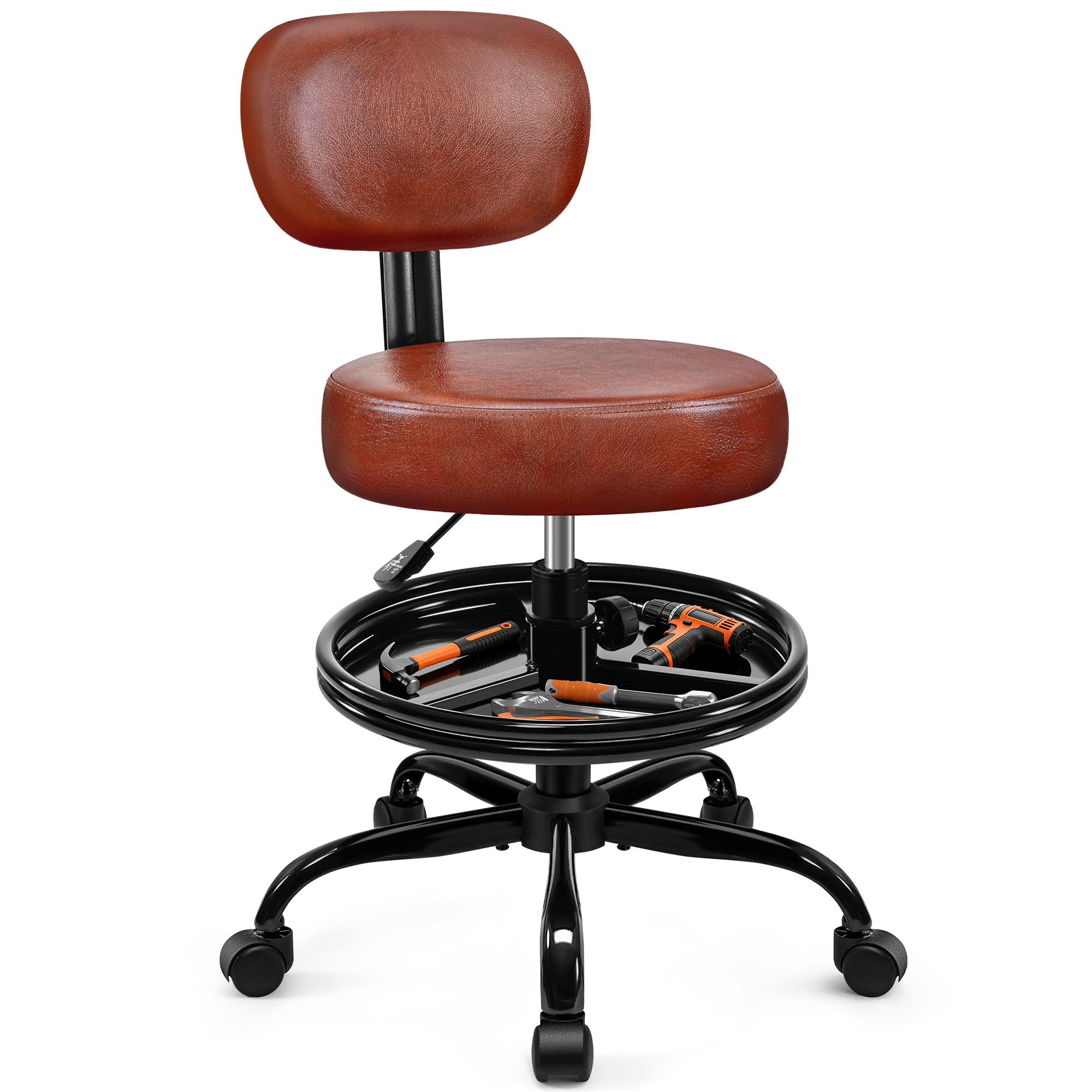 BestGlory Shop Stool with Wheels for Garage, Mechanics Rolling Chair with Backrest, Adjustable Height Heavy Duty Garage Stool with Footrest and Storage Tray, Swivel Task Chair for Workshop Salon