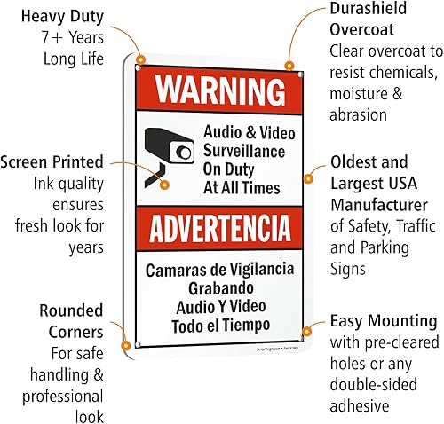 Vista 45 de SmartSign -S-9392-AL-14 Advertencia - Vigilancia de audio y video en servicio en todo momento Aluminio de 10" x 14" - Negro/Rojo sobre Blanco