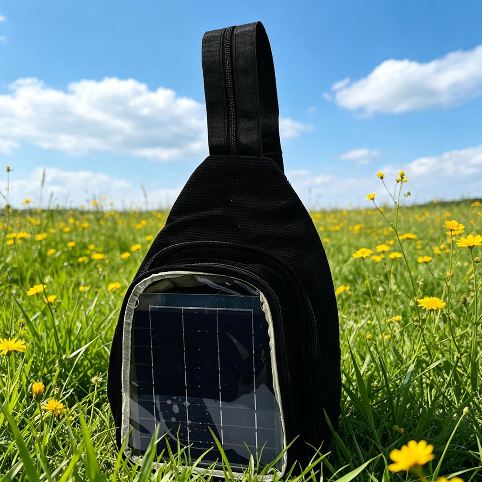 Fdit Zaino con Pannello Solare Monocristallino da 20 W, Zaino con Caricatore Solare Nero con Porta USB per Adulti, Viaggi All'aperto, Campeggio, Escursionismo