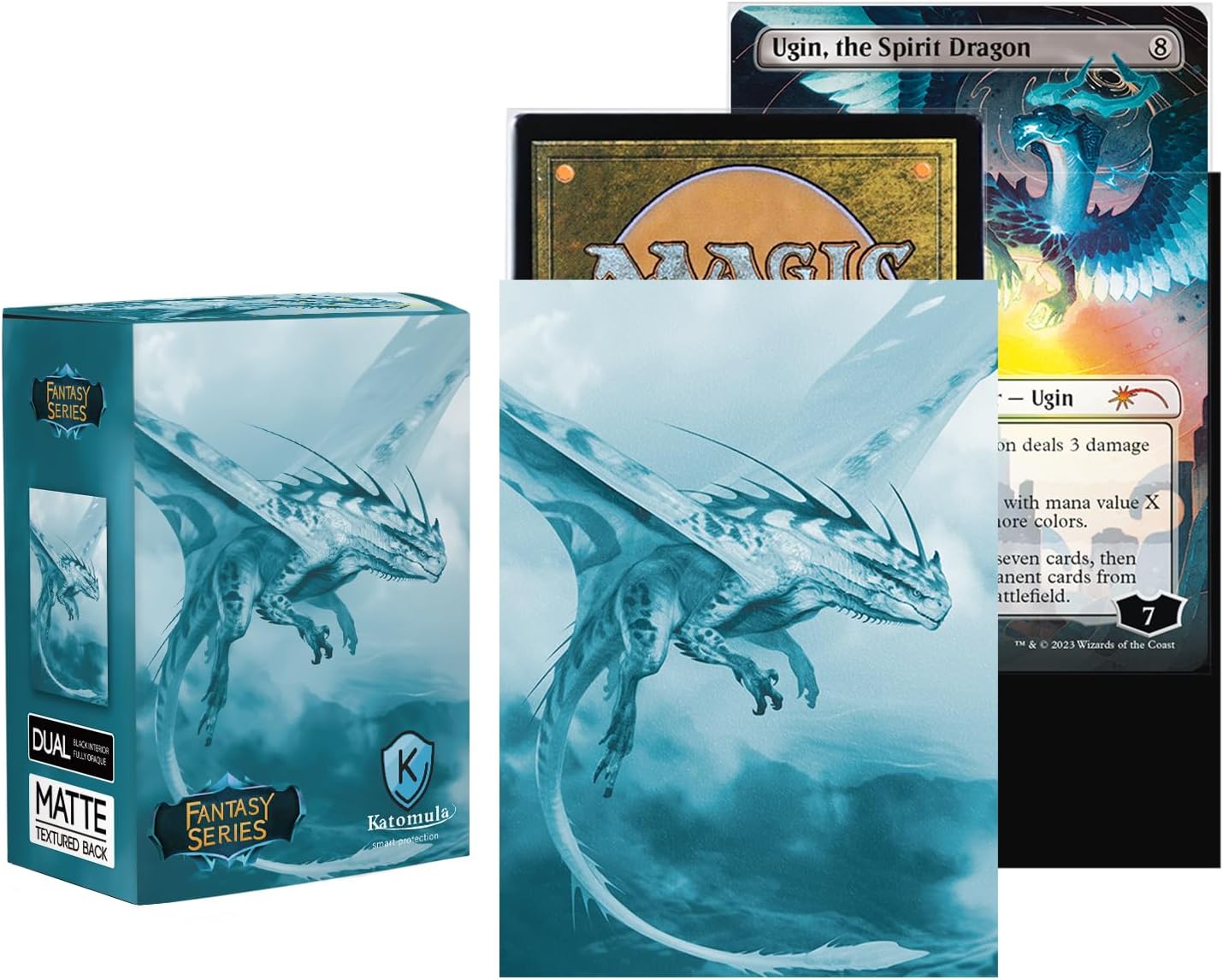 Katomula 100 MTG Card Sleeves with 100 Inner Sleeve, Textured Back Art Sleeves, Fit Standard Size Cards - Glacier Blue Dragon