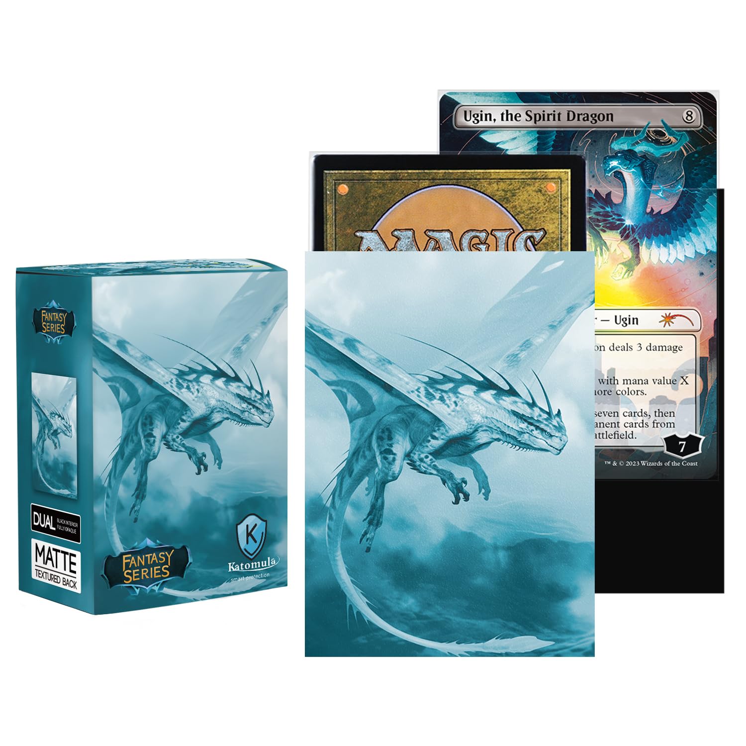 Katomula 100 MTG Card Sleeves with 100 Inner Sleeve, Textured Back Art Sleeves, Fit Standard Size Cards - Glacier Blue Dragon