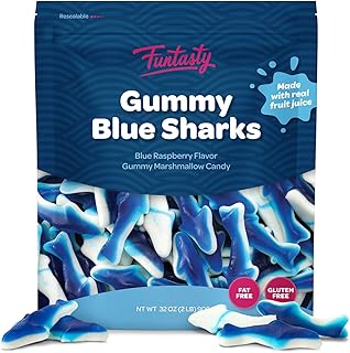 Funtasty Blue Sharks Gummy Marshmallow Candy, Blue Raspberry Flavor, 2 Pound Pack