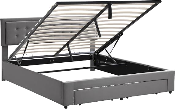 Super King Bed Frame, 6ft Upholstered Bed with Storage Drawer and Hydraulic, Ottoman Bed with Adjustable Headboard, For Adults & Teenagers, Velvet, Grey, 180x200cm, (No Mattress)