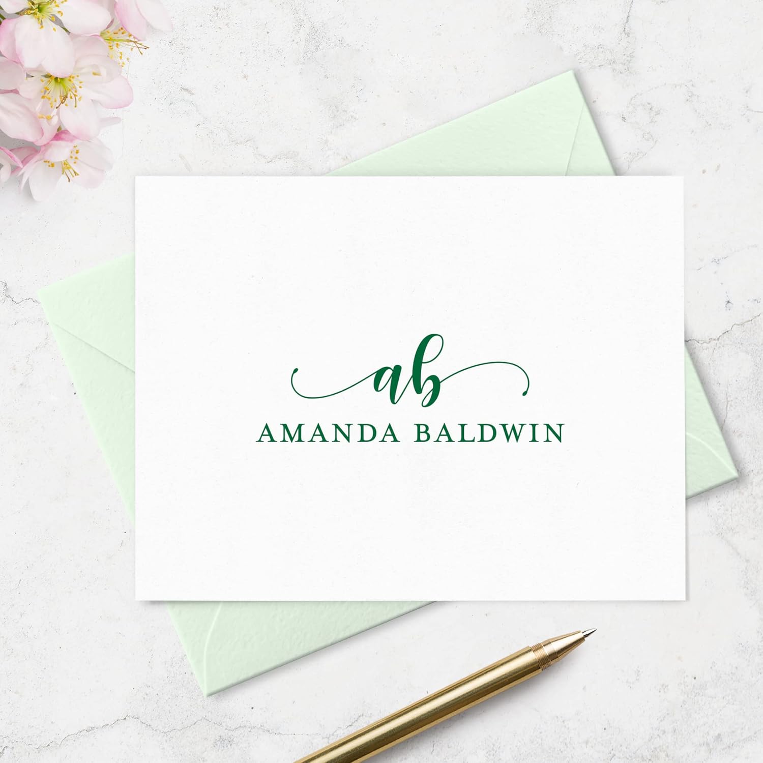 Personalized Folded Note Card and Envelope Stationery Set with Monogram and Name on Front - Stationary Set with Envelopes - Choose Your Colors and Set Size (Script Monogram)