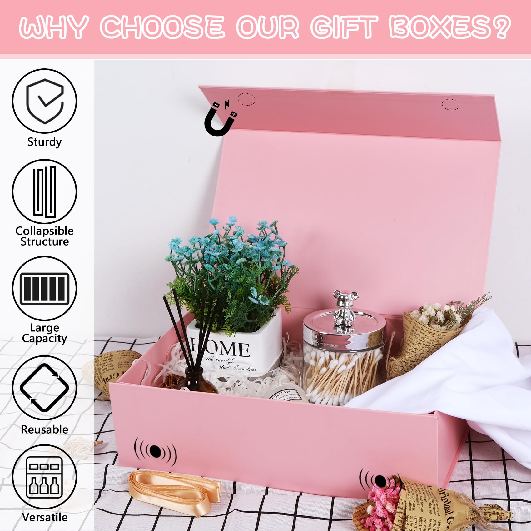 Geschenk-Box, 35,1 x 22,9 x 10,9 cm, Magnetverschluss, Geschenk-Box, Luxus-Geschenkbox mit Band für Jahrestag, Hochzeit, Geburtstag, Abschlussfeier, Festivals (Rosa, 3 Stück)