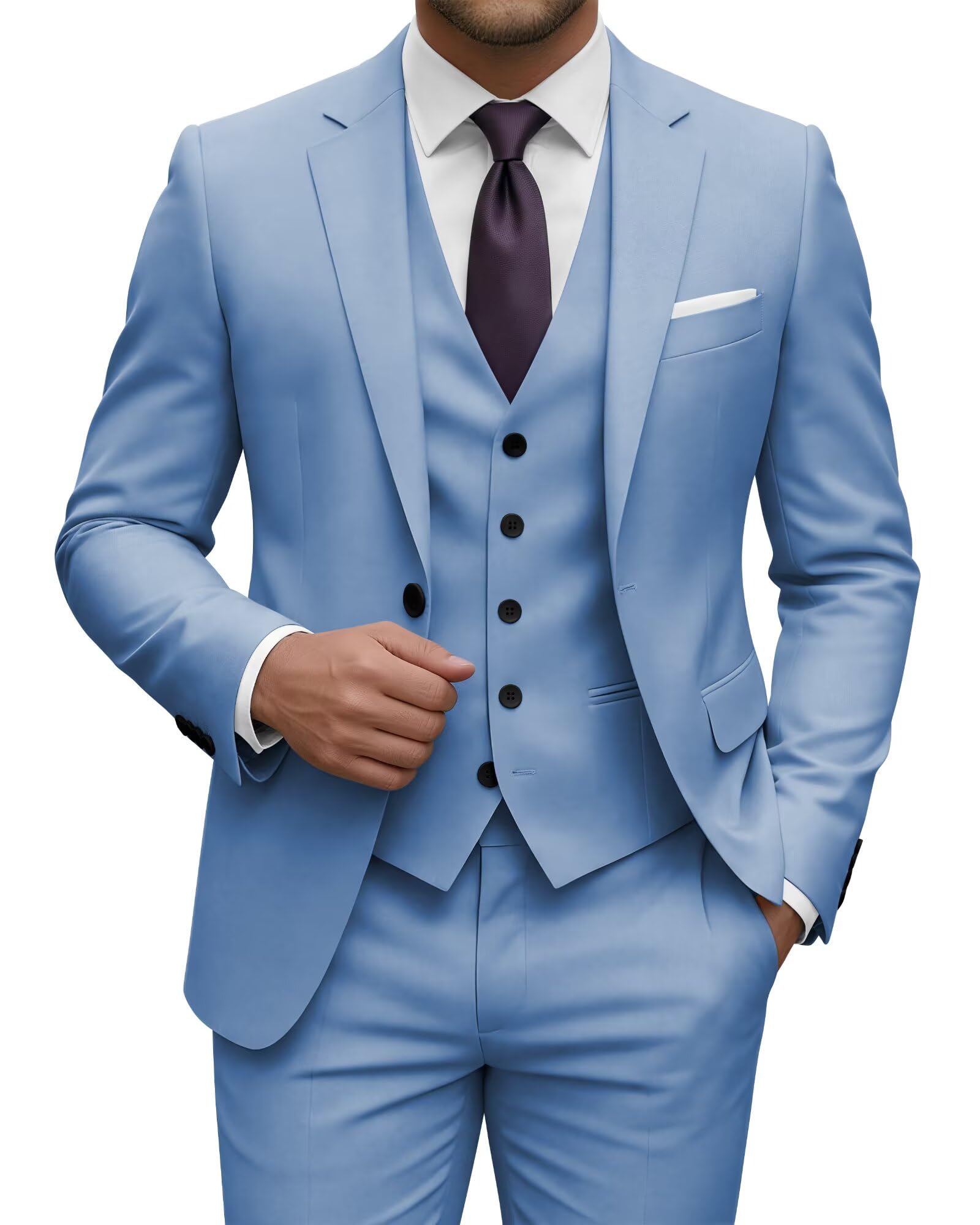 EMERAIDVLN Mens 3 Piece Suits Slim Fit Wedding Prom Party Business Elegant Suits One Button Blazer Vest and Pants Tuxedo Set